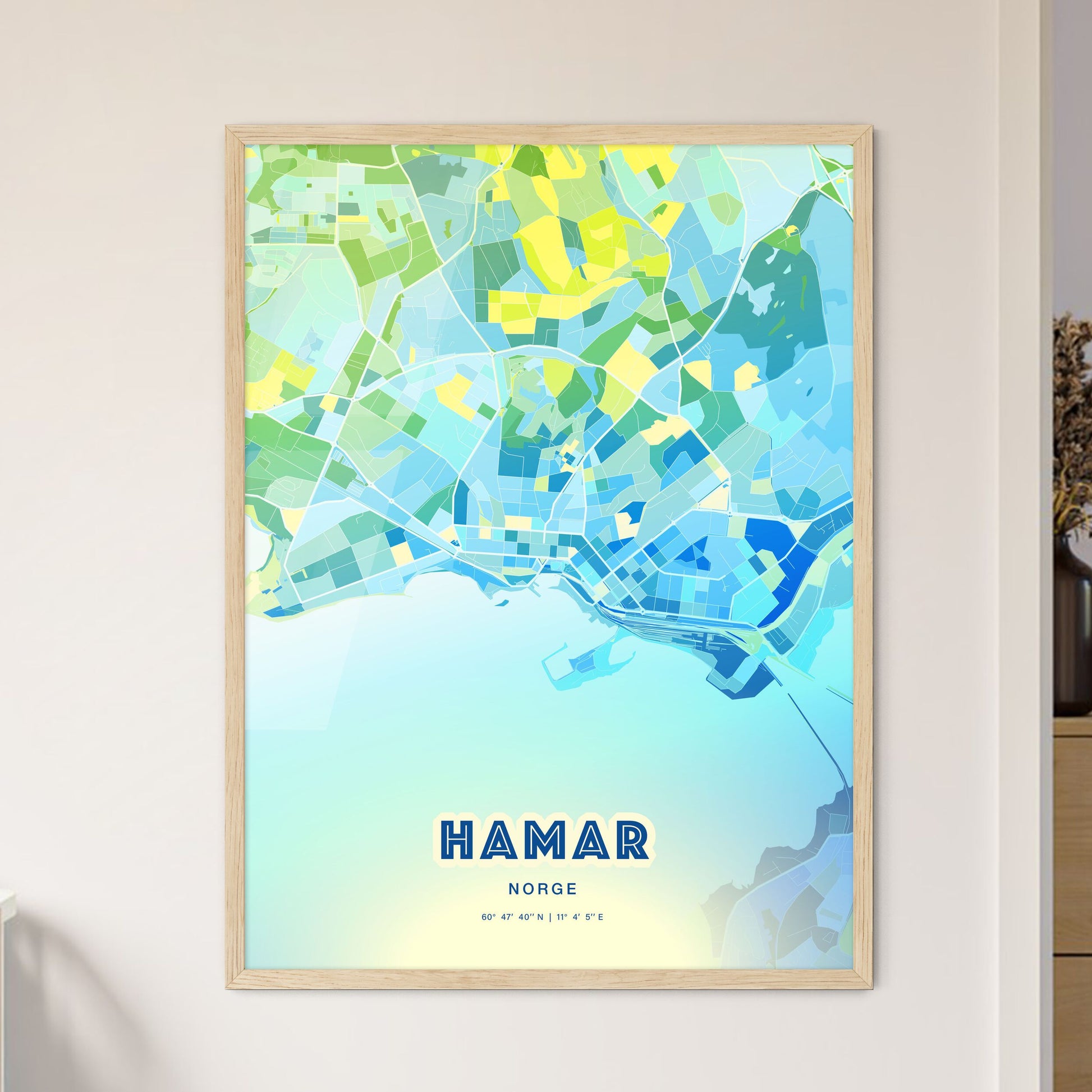 Colorful HAMAR NORWAY Fine Art Map Cool Blue