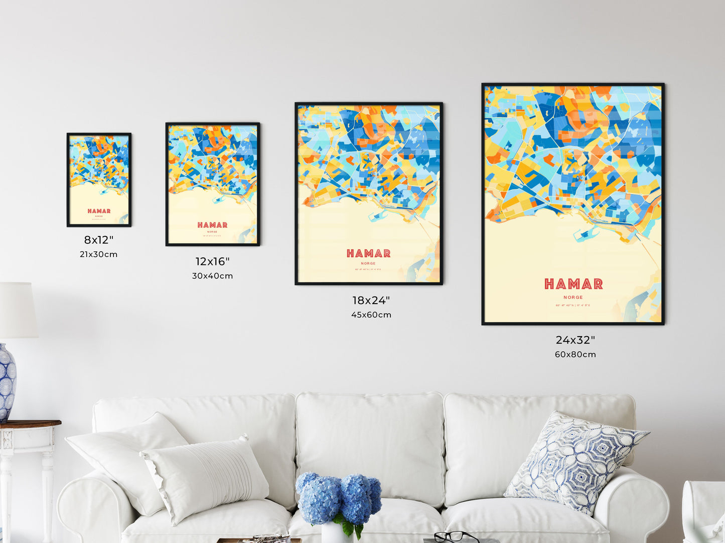 Colorful HAMAR NORWAY Fine Art Map Blue Orange