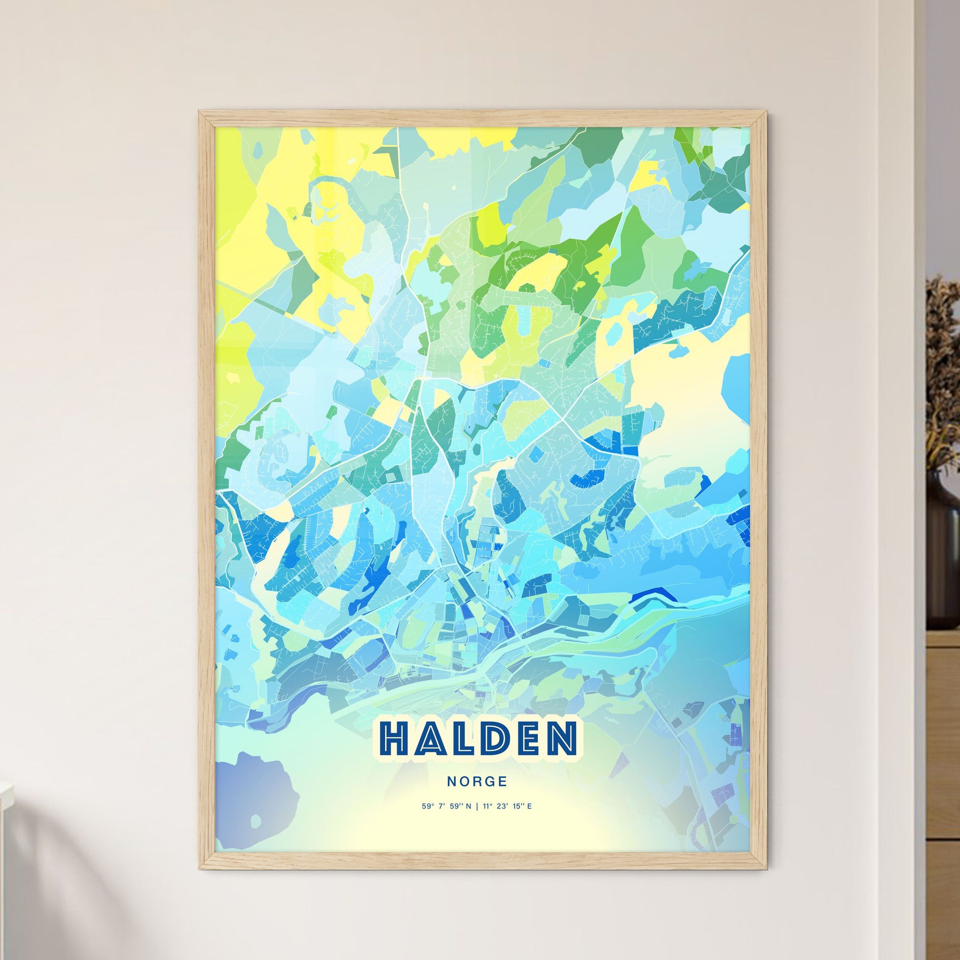 Colorful HALDEN NORWAY Fine Art Map Cool Blue