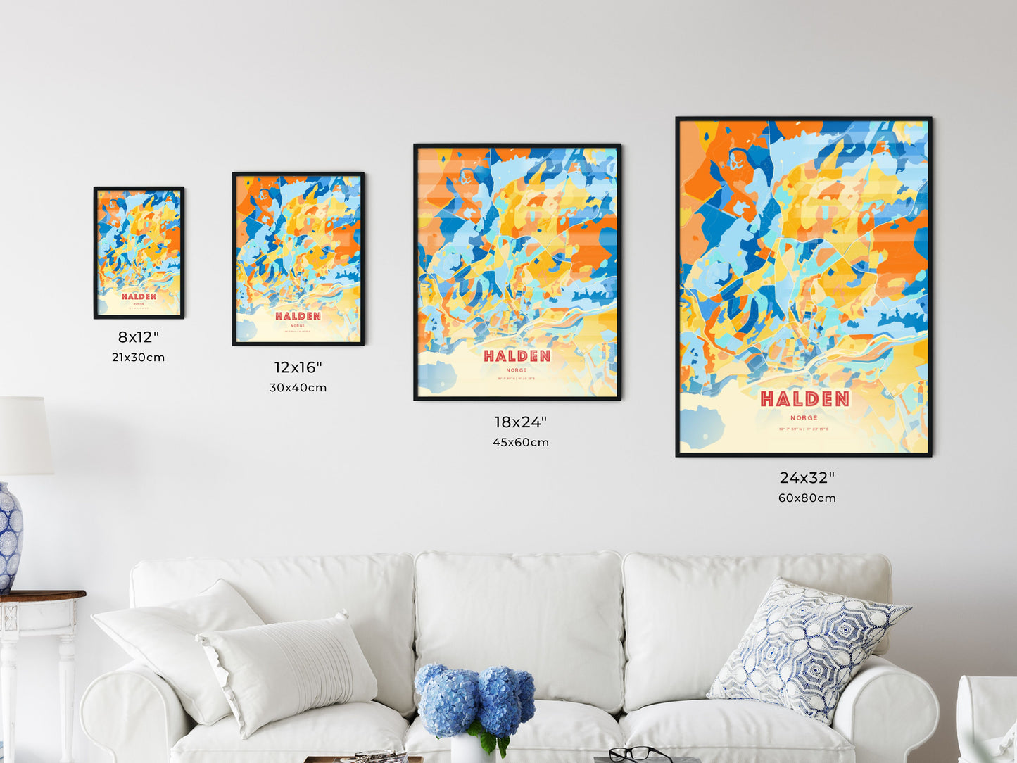 Colorful HALDEN NORWAY Fine Art Map Blue Orange