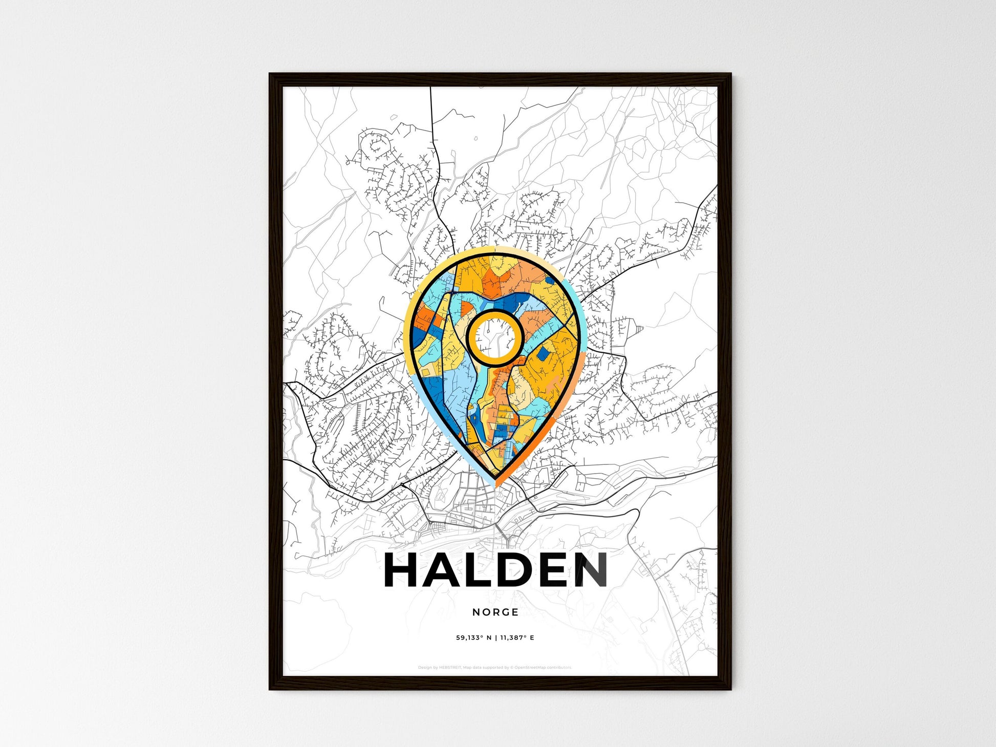 Halden Norway wedding art map with pointer icon