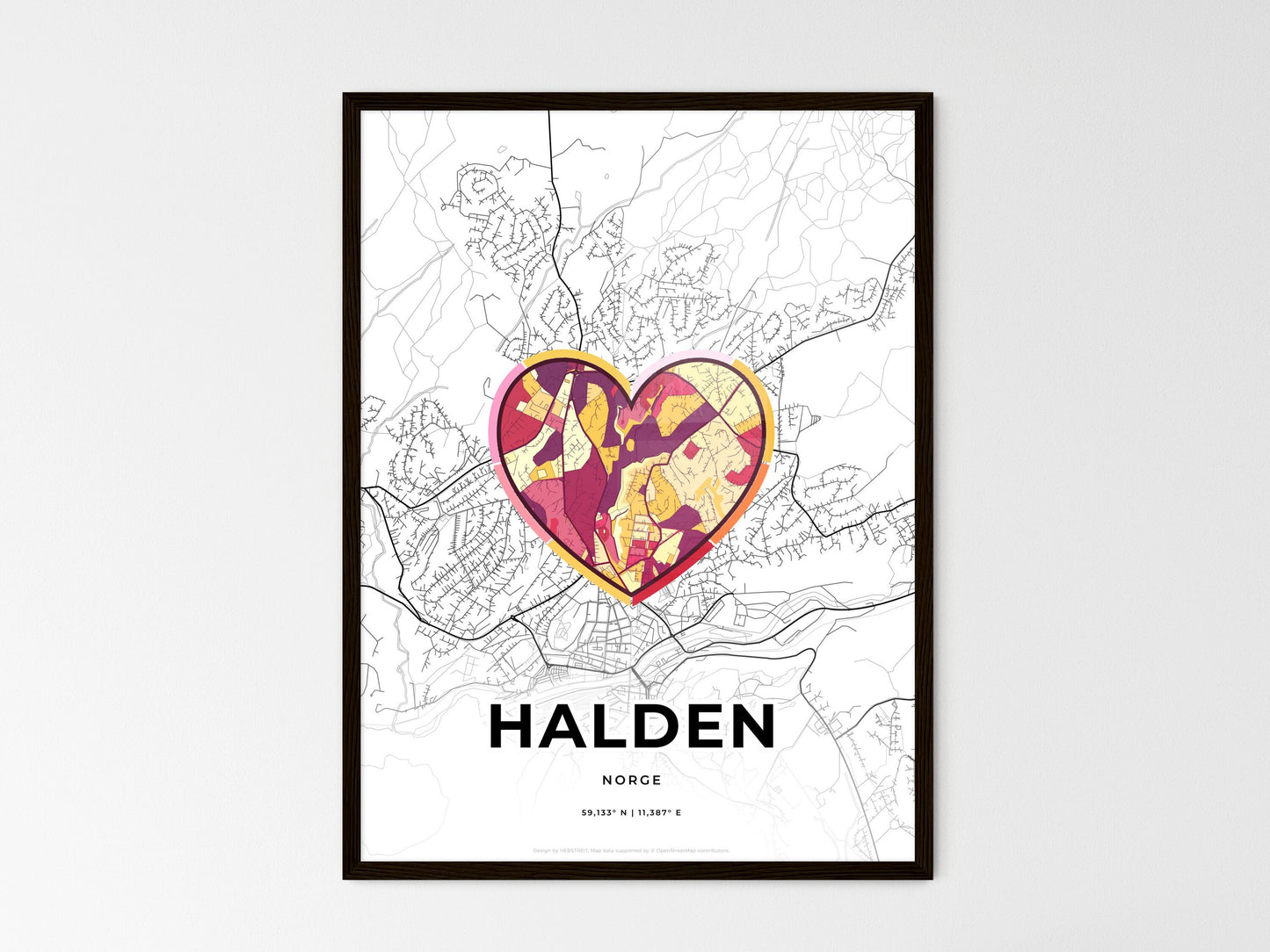 Halden Norway wedding art map with heart icon