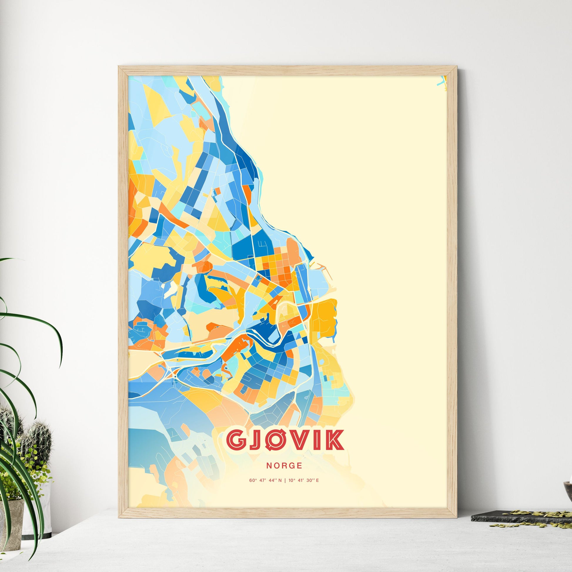 Colorful GJØVIK NORWAY Fine Art Map Blue Orange