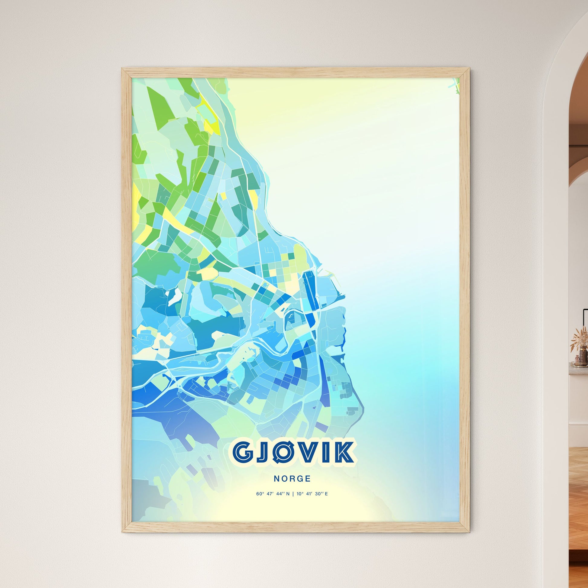 Colorful GJØVIK NORWAY Fine Art Map Cool Blue