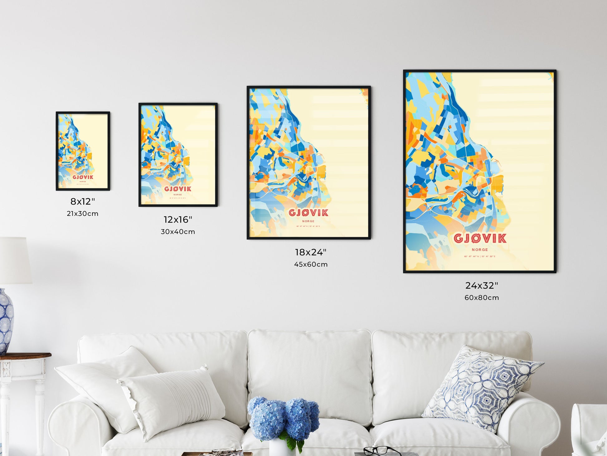 Colorful GJØVIK NORWAY Fine Art Map Blue Orange