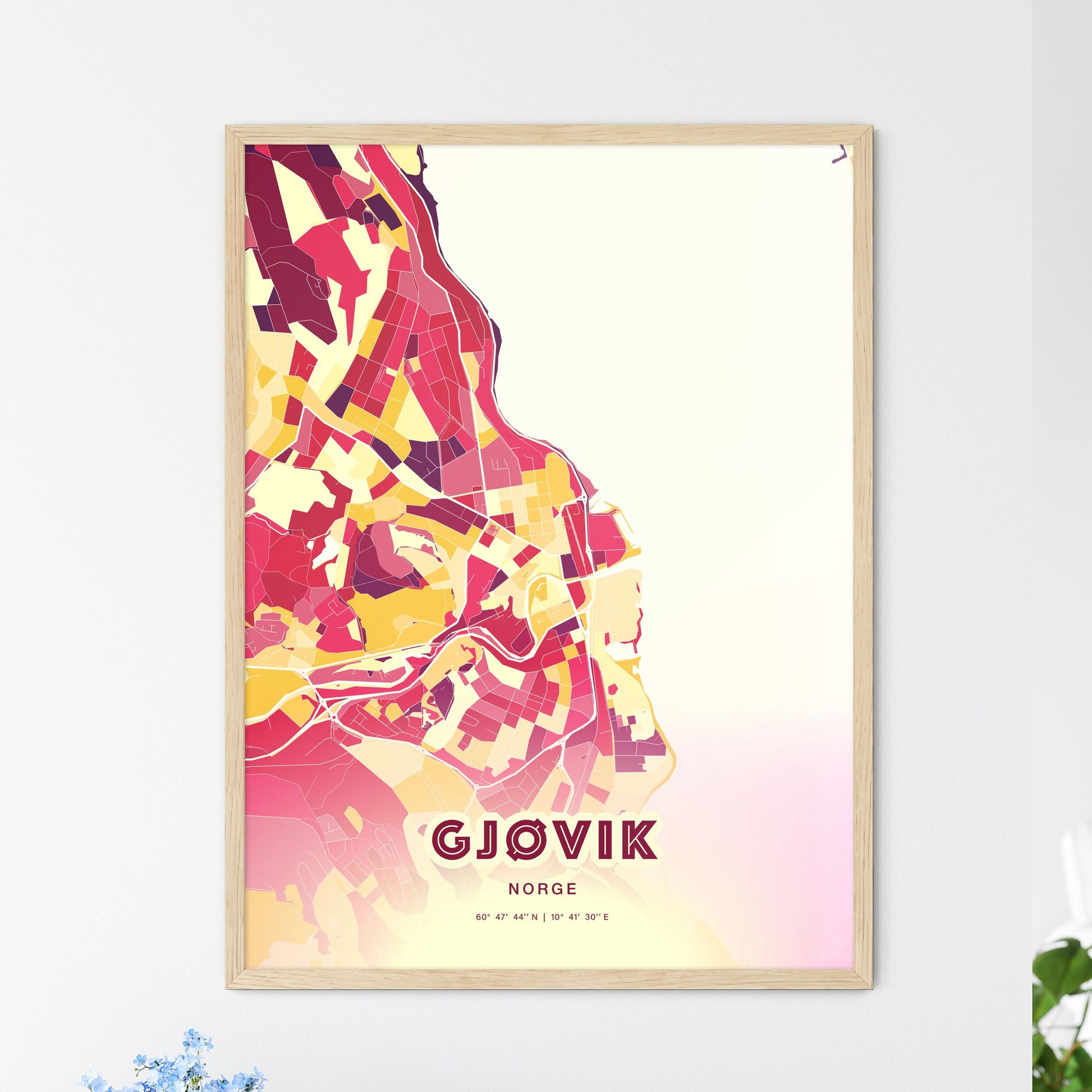 Colorful GJØVIK NORWAY Fine Art Map Hot Red