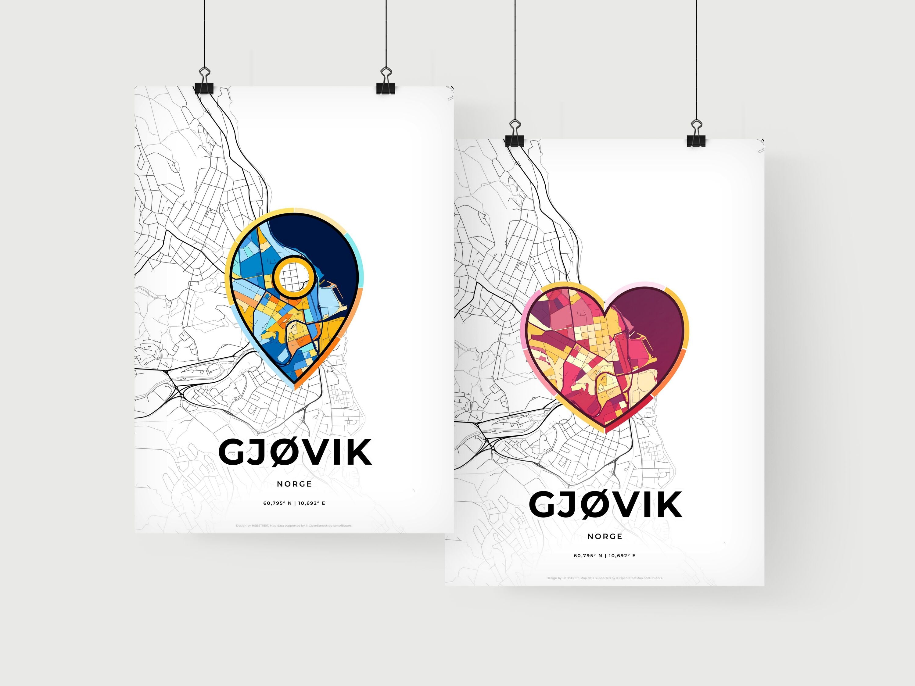 Art Map of Gjøvik Norway, Minimal Art Map With A Colorful Icon – HEBSTREIT