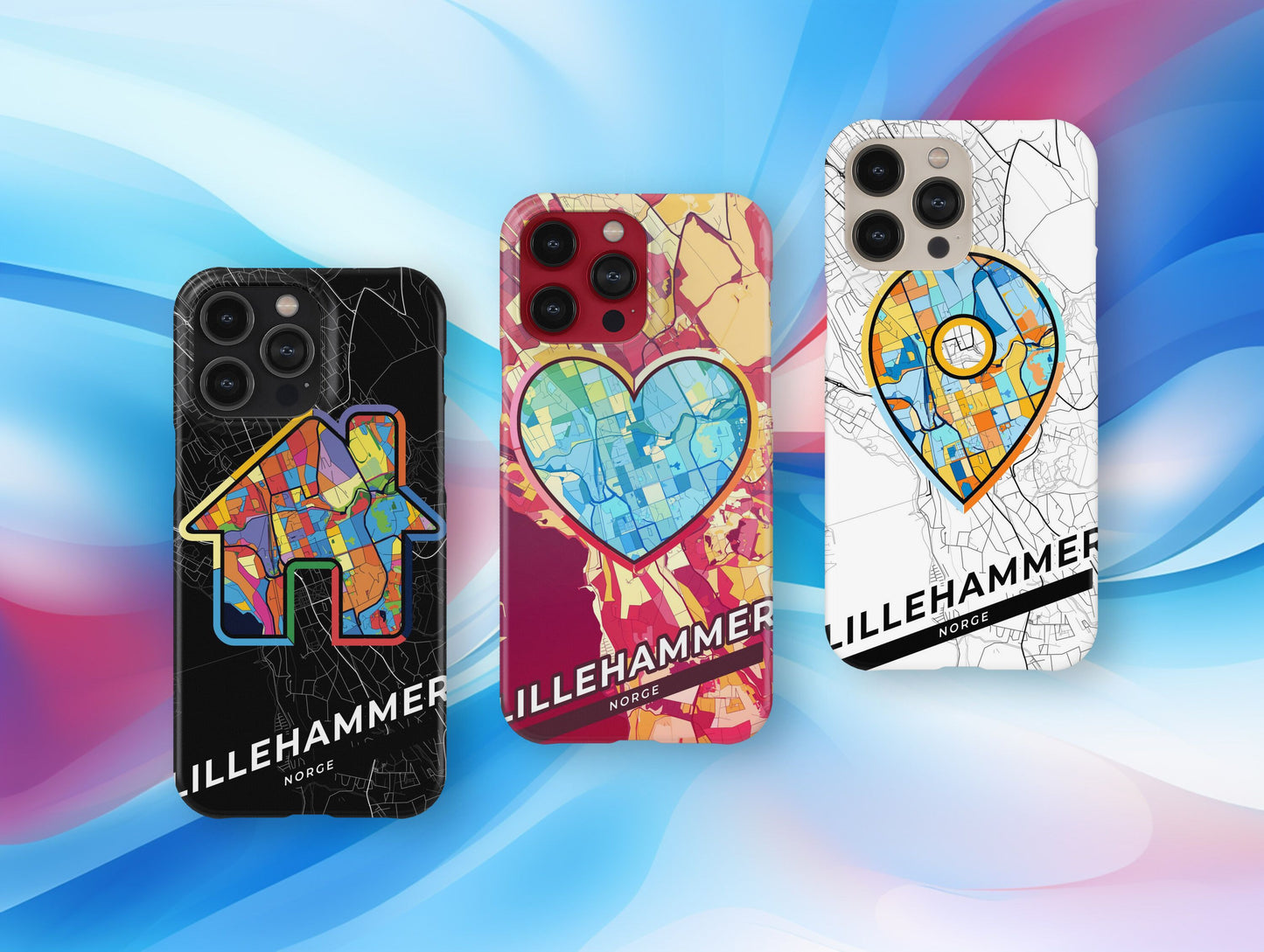 Lillehammer Norway slim phone case with colorful icon. Birthday, wedding or housewarming gift. Couple match cases.