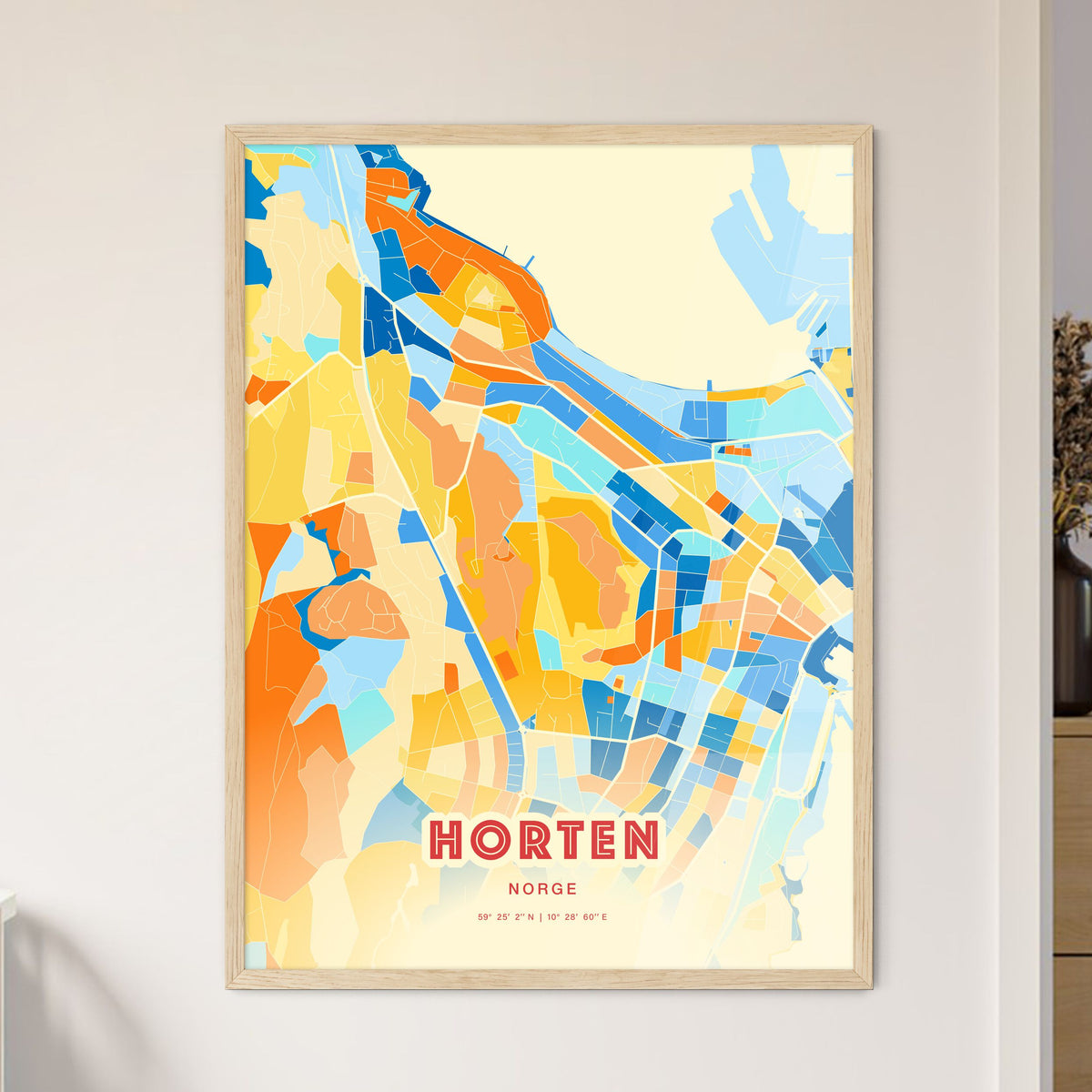 Colorful HORTEN NORWAY Fine Art Map Blue Orange
