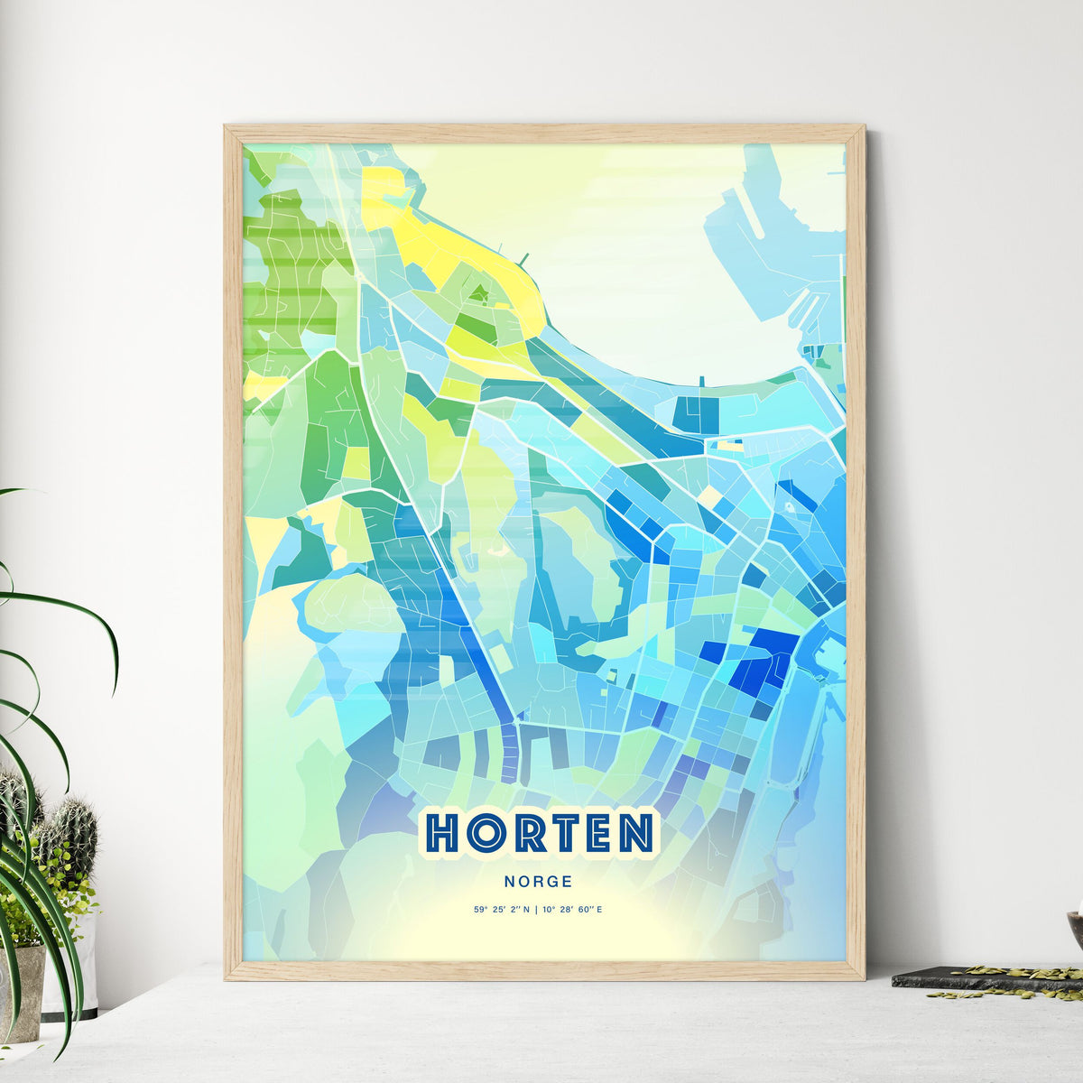 Colorful HORTEN NORWAY Fine Art Map Cool Blue