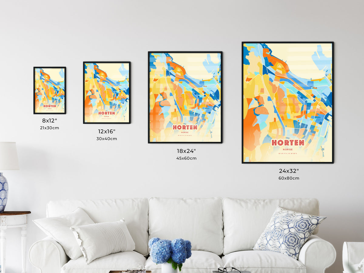 Colorful HORTEN NORWAY Fine Art Map Blue Orange