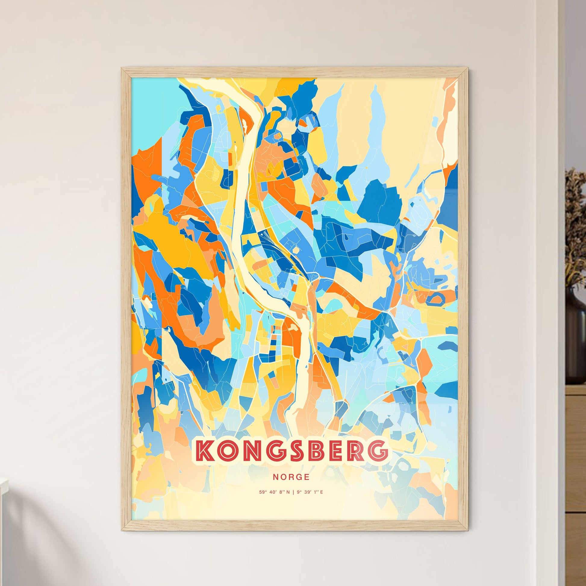 Colorful KONGSBERG NORWAY Fine Art Map Blue Orange