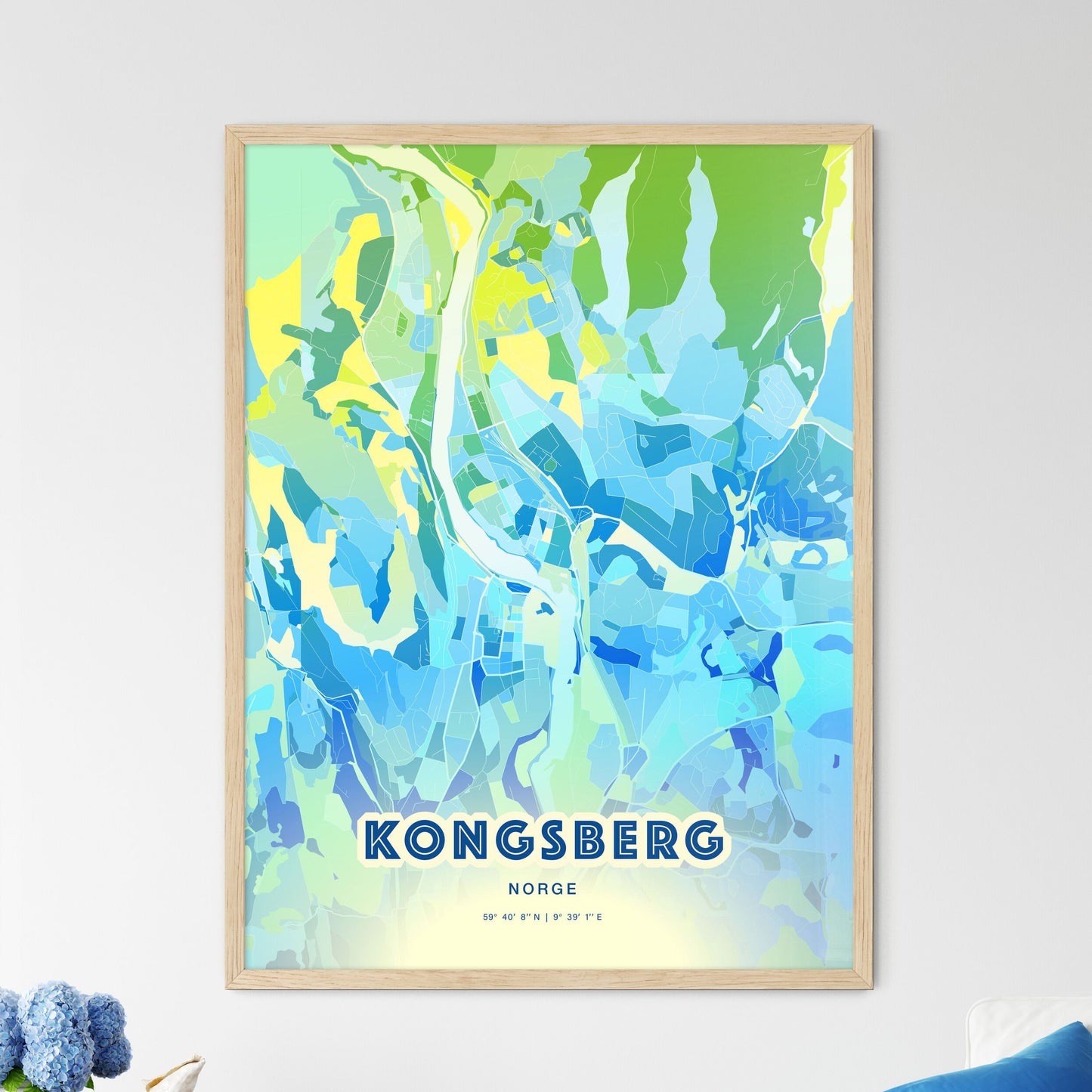 Colorful KONGSBERG NORWAY Fine Art Map Cool Blue