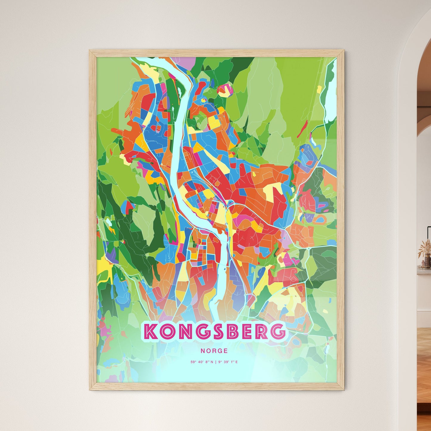 Colorful KONGSBERG NORWAY Fine Art Map Crazy Colors