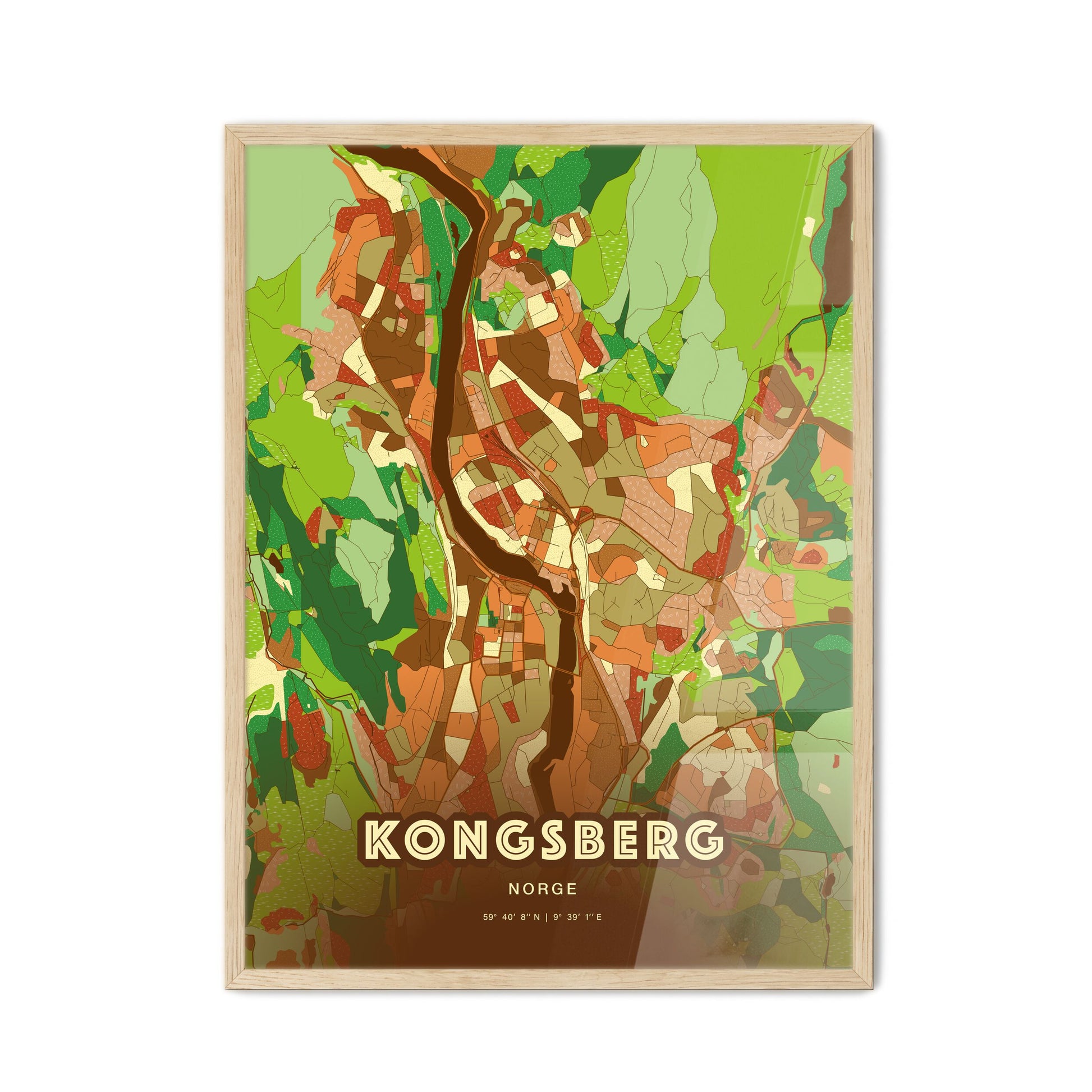 Colorful KONGSBERG NORWAY Fine Art Map Farmhouse