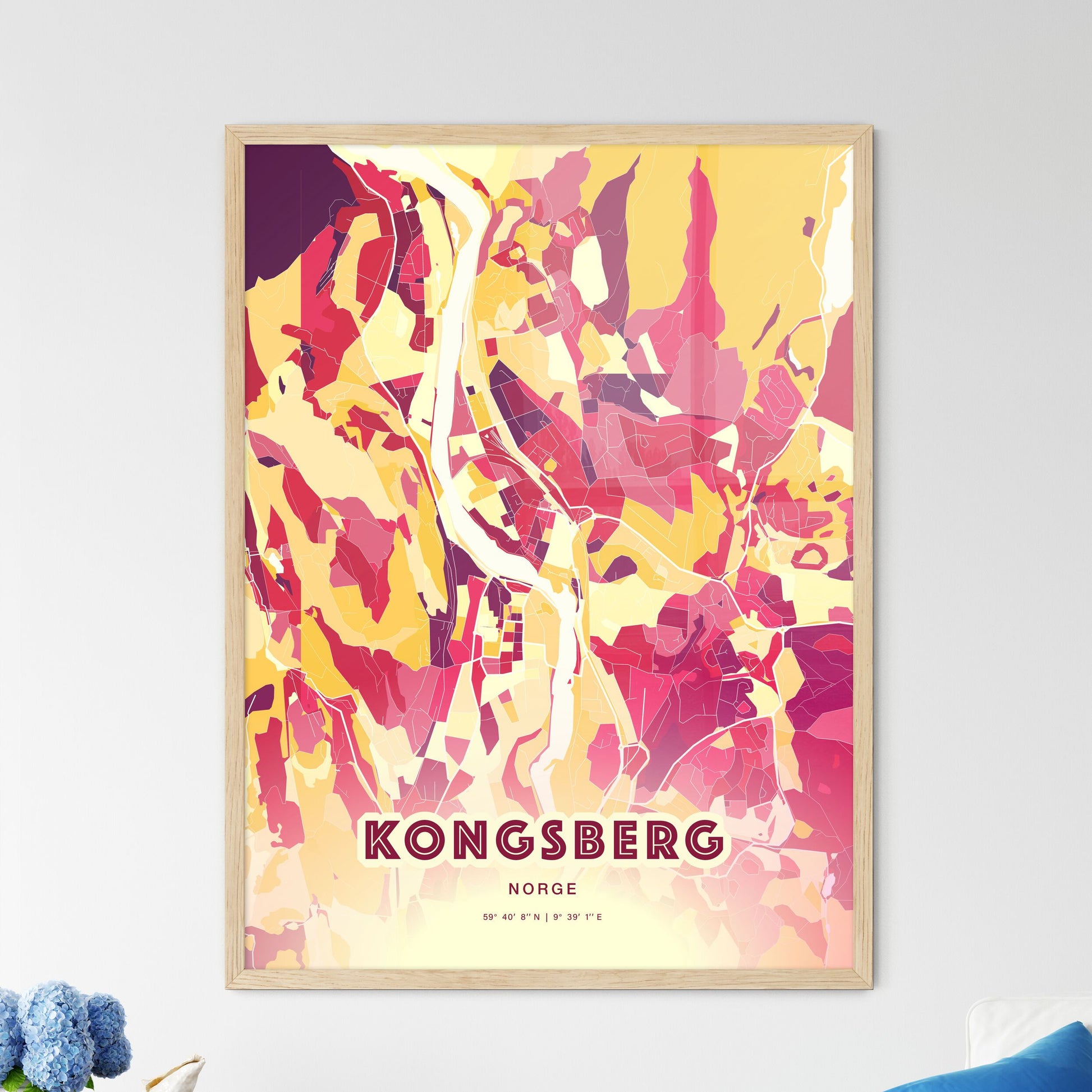 Colorful KONGSBERG NORWAY Fine Art Map Hot Red