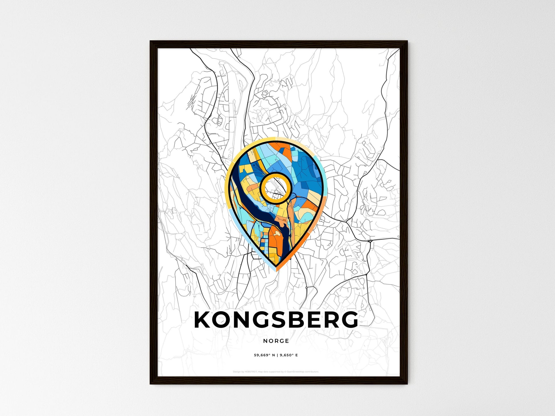 Kongsberg Norway wedding art map with pointer icon
