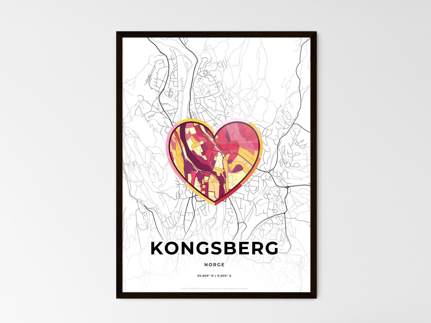 Kongsberg Norway wedding art map with heart icon