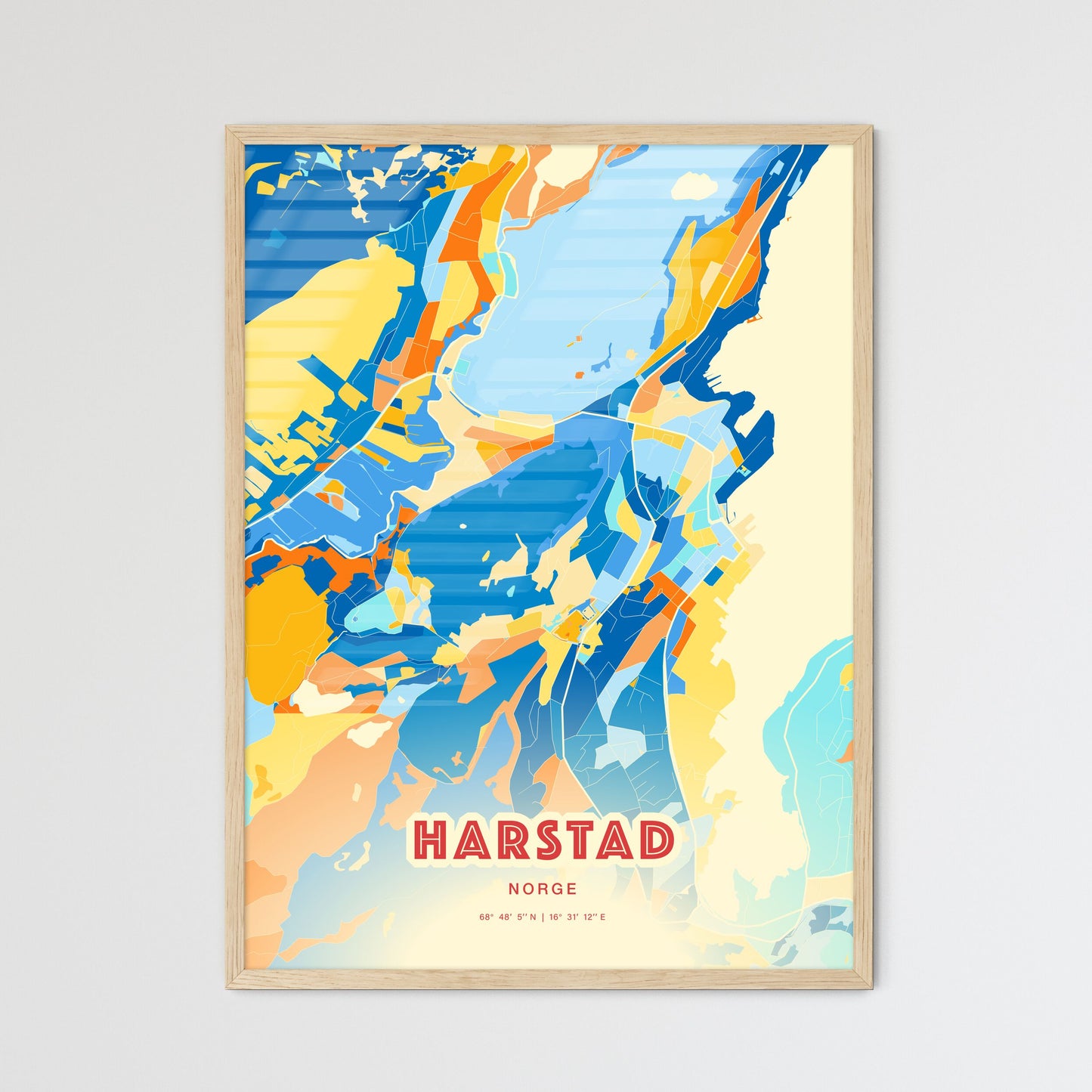 Colorful HARSTAD NORWAY Fine Art Map Blue Orange