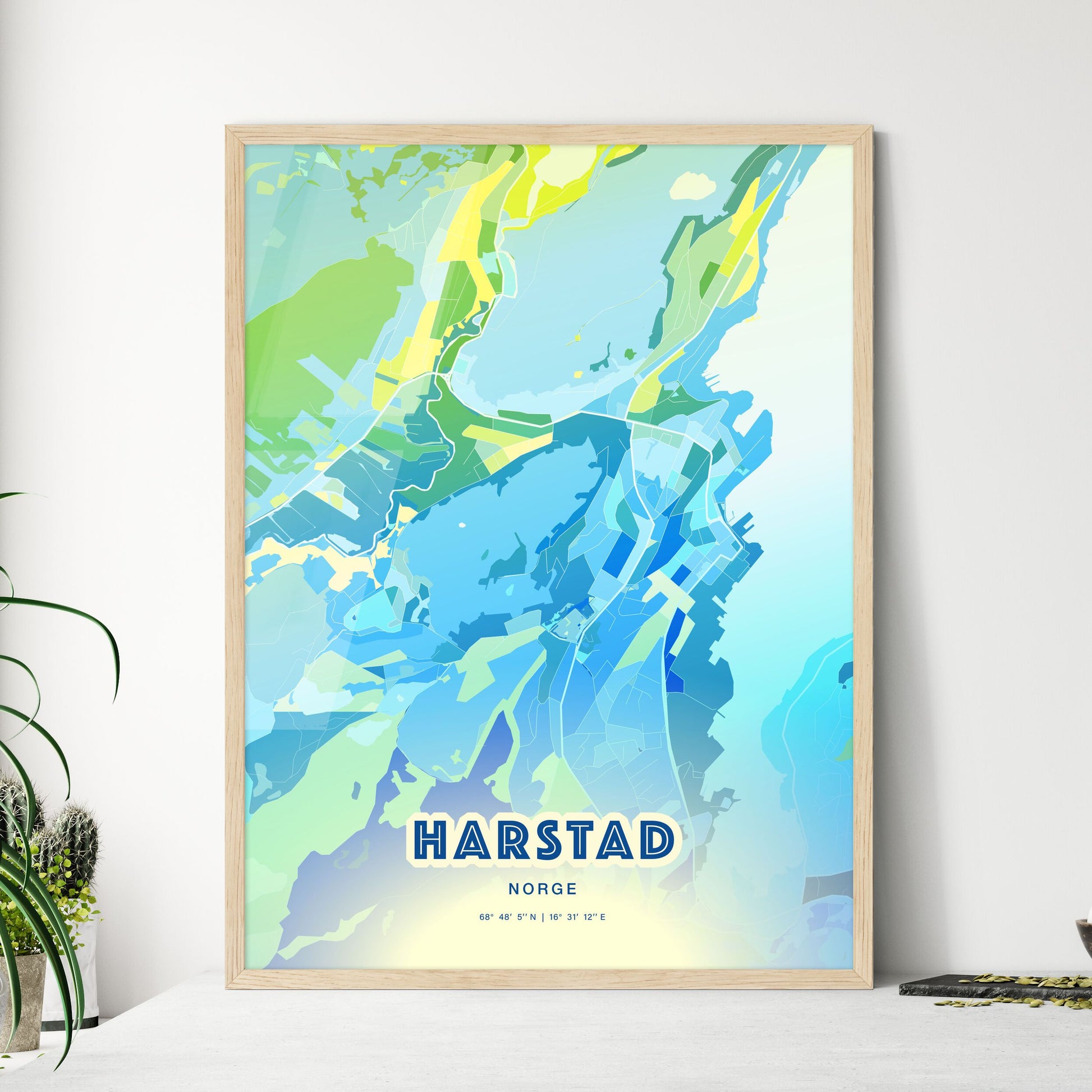 Colorful HARSTAD NORWAY Fine Art Map Cool Blue