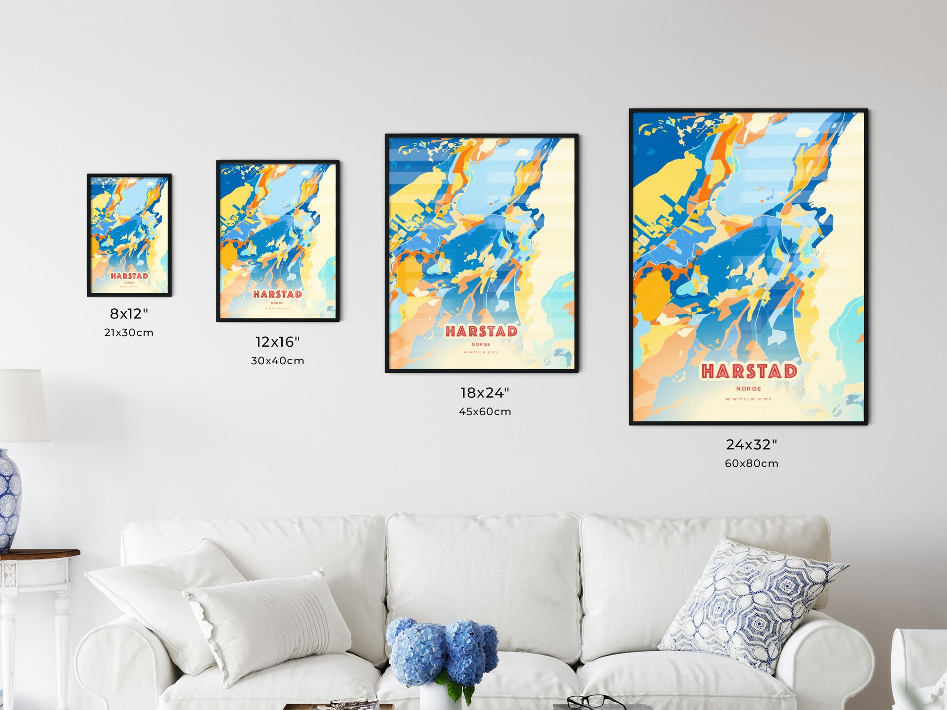 Colorful HARSTAD NORWAY Fine Art Map Blue Orange