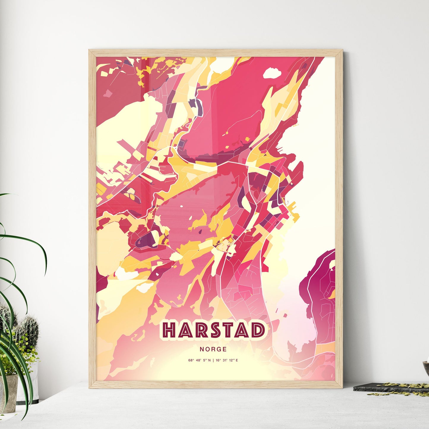 Colorful HARSTAD NORWAY Fine Art Map Hot Red