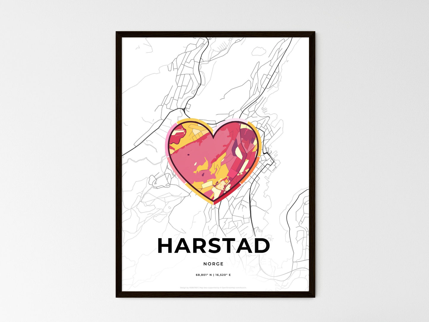 Harstad Norway wedding art map with heart icon