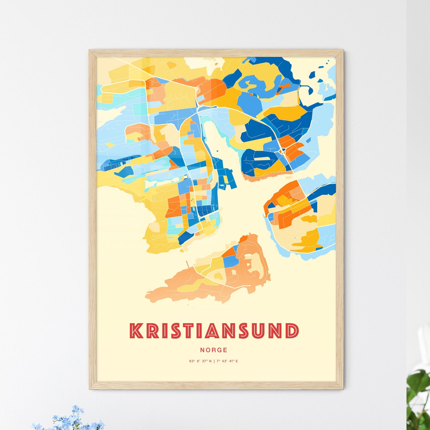 Colorful Kristiansund Norway Fine Art Map Blue Orange