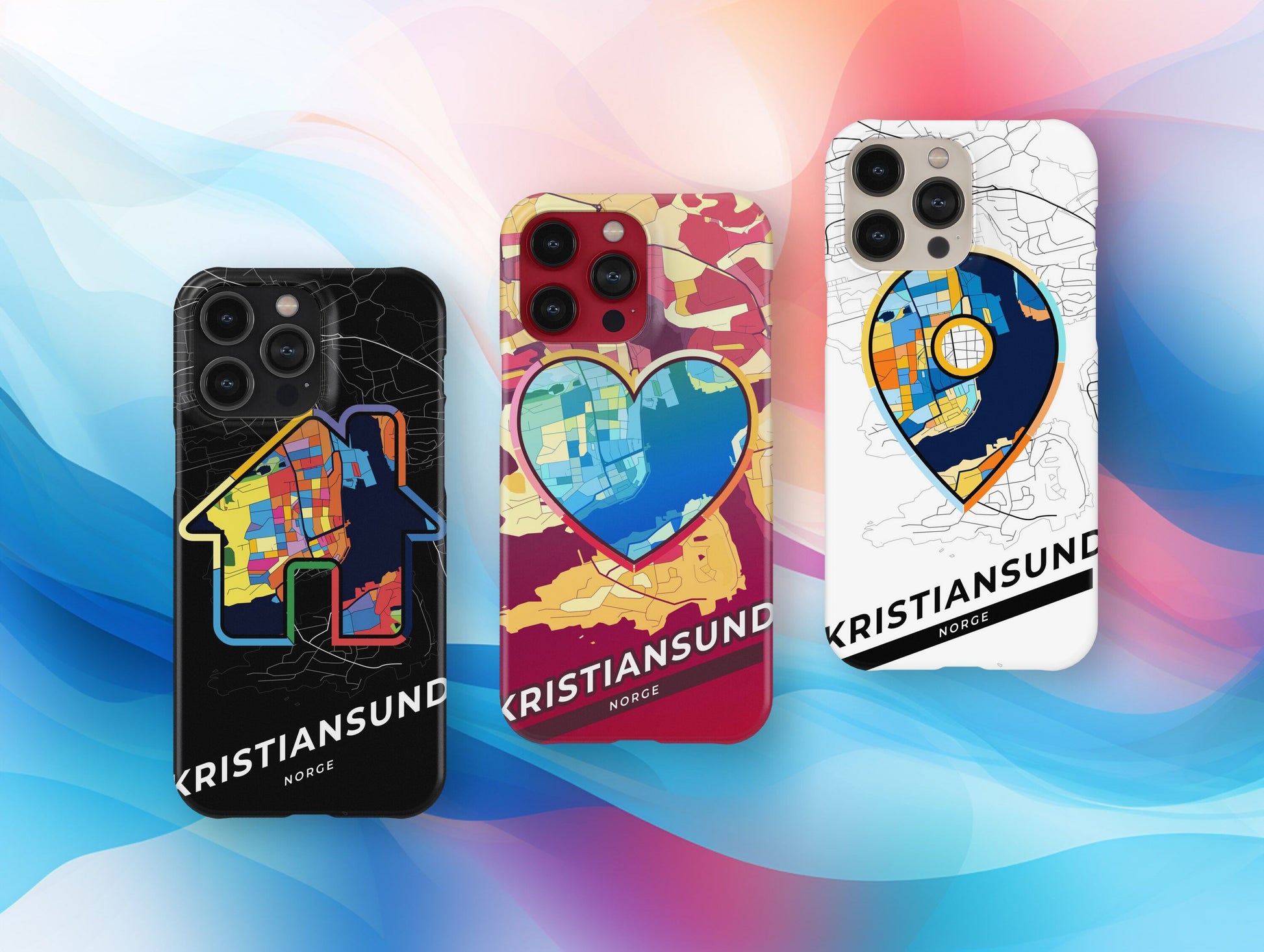 Kristiansund Norway slim phone case with colorful icon. Birthday, wedding or housewarming gift. Couple match cases.
