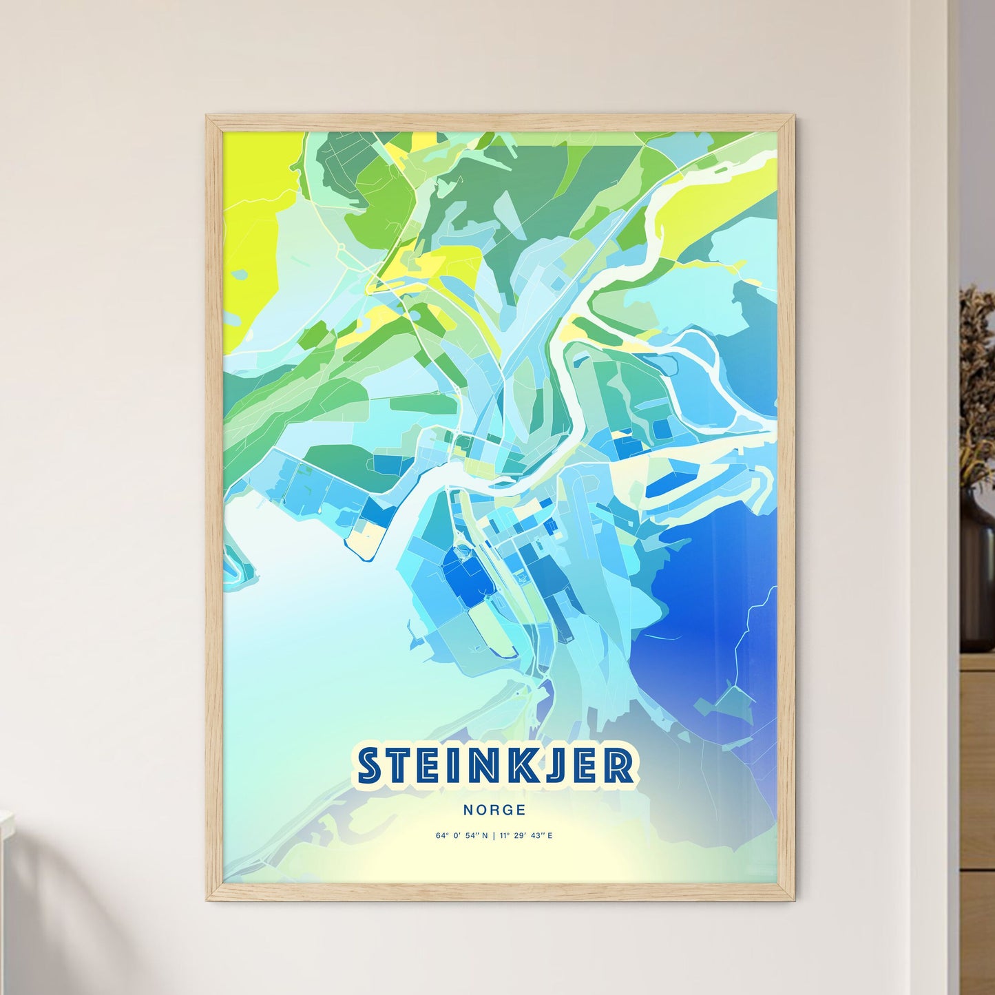 Colorful STEINKJER NORWAY Fine Art Map Cool Blue