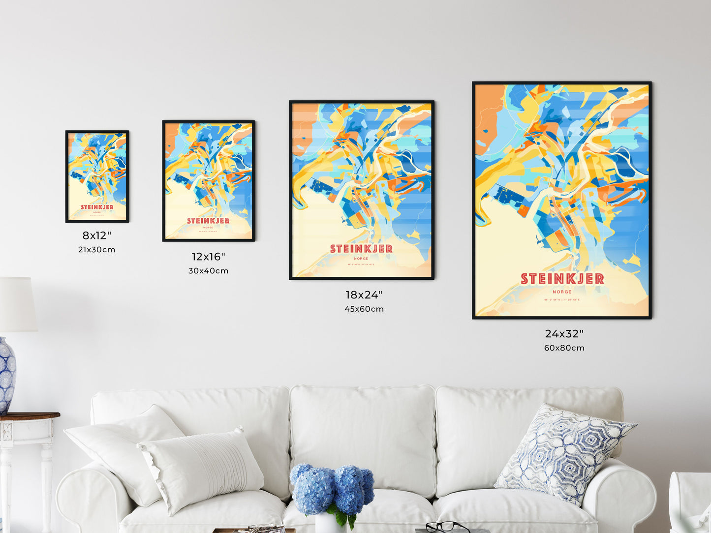 Colorful STEINKJER NORWAY Fine Art Map Blue Orange