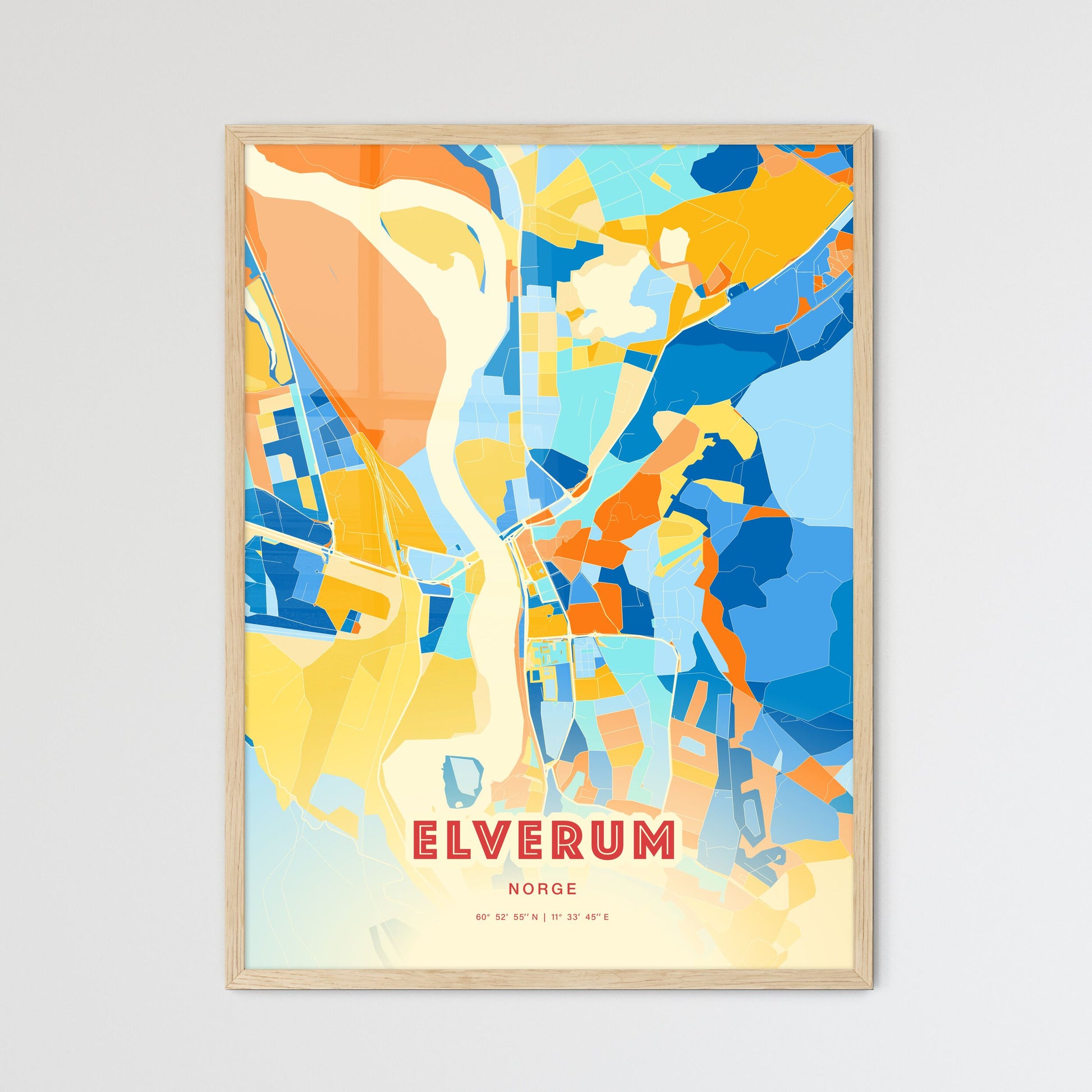 Colorful ELVERUM NORWAY Fine Art Map Blue Orange