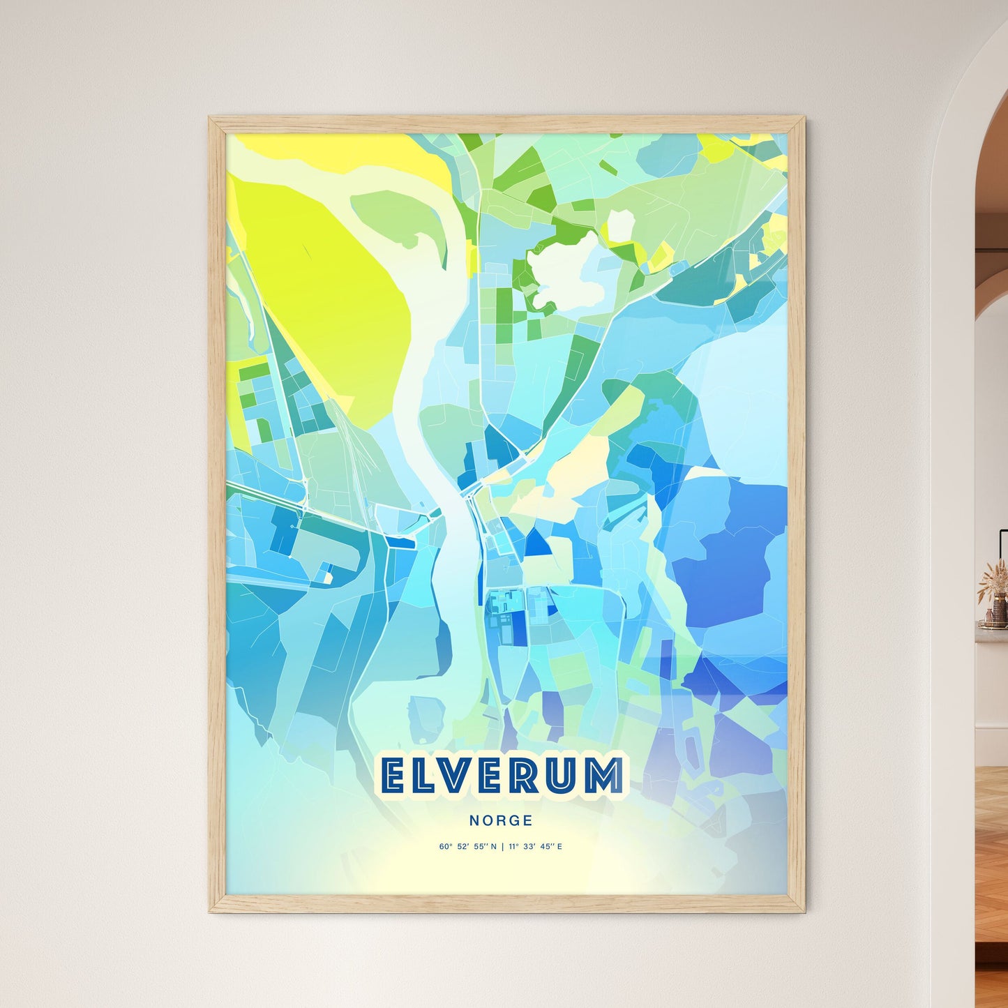 Colorful ELVERUM NORWAY Fine Art Map Cool Blue