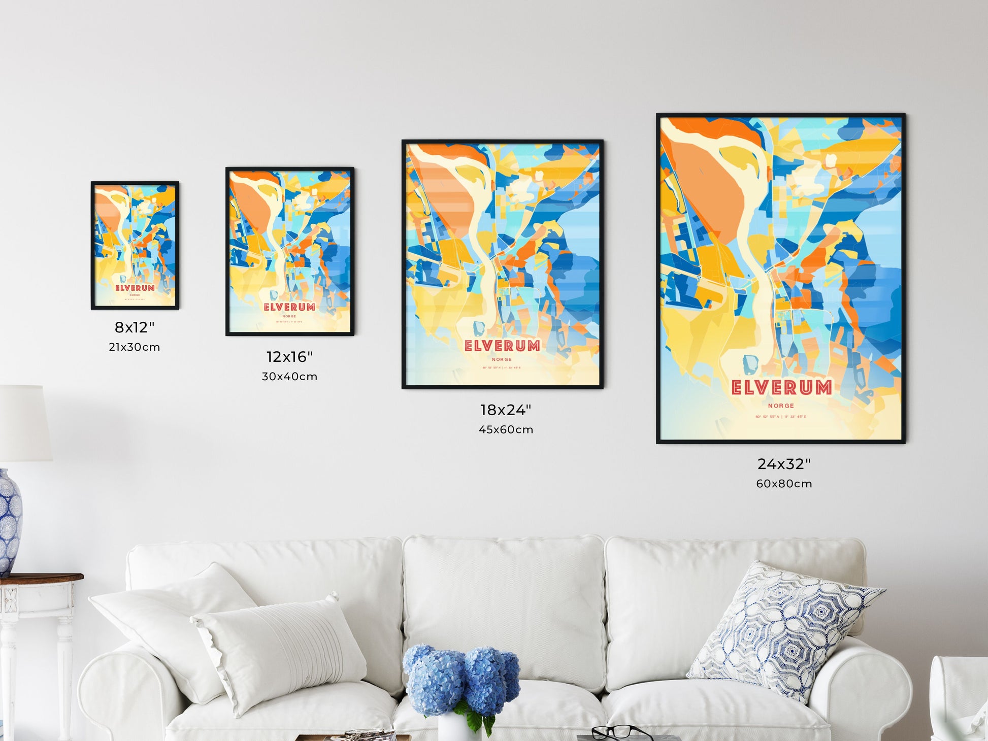 Colorful ELVERUM NORWAY Fine Art Map Blue Orange