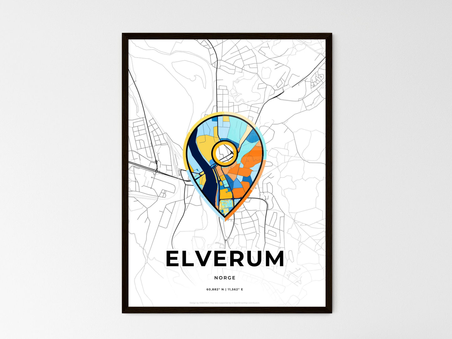 Elverum Norway wedding art map with pointer icon