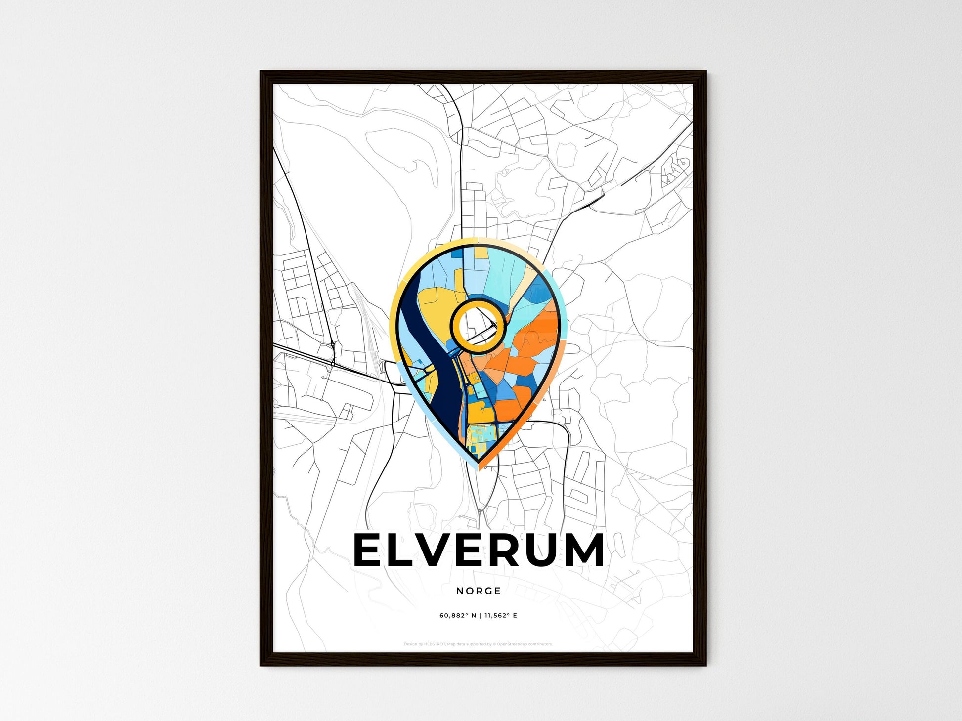 Elverum Norway wedding art map with pointer icon