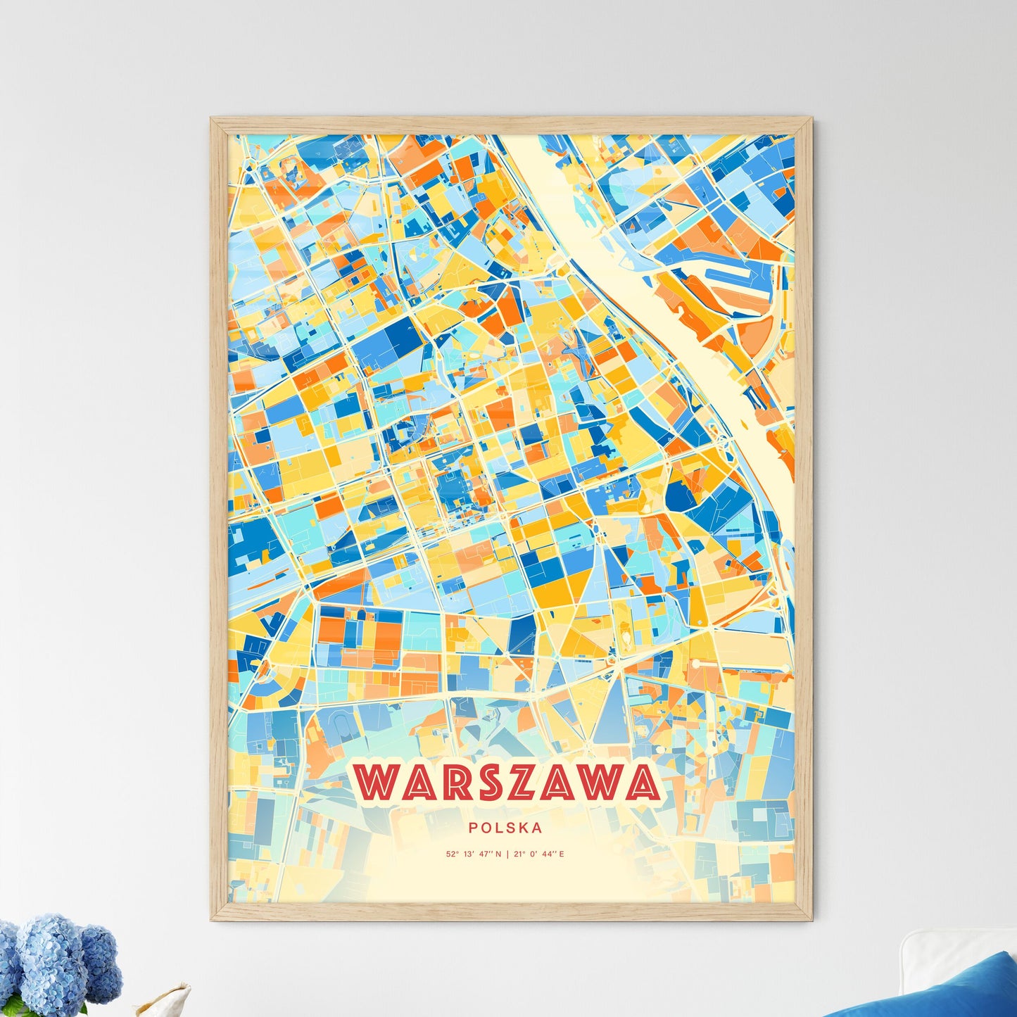 Colorful Warsaw Poland Fine Art Map Blue Orange