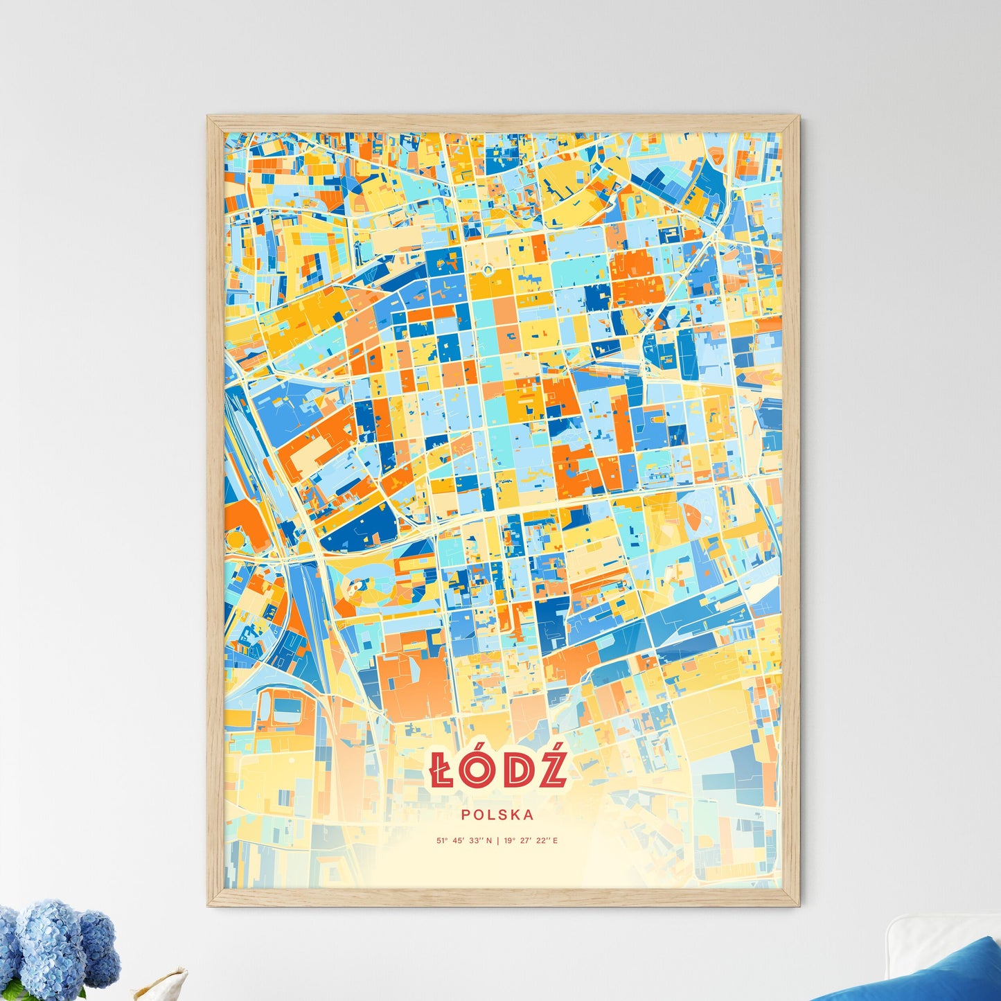 Colorful ŁÓDŹ POLAND Fine Art Map Blue Orange