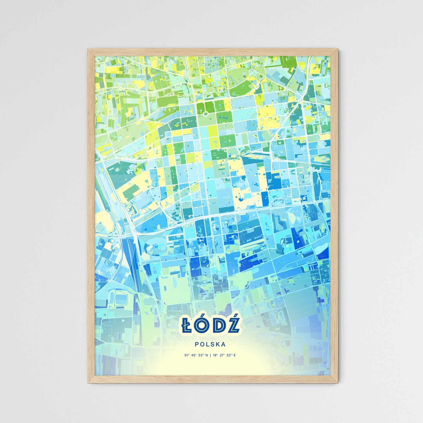 Colorful ŁÓDŹ POLAND Fine Art Map Cool Blue