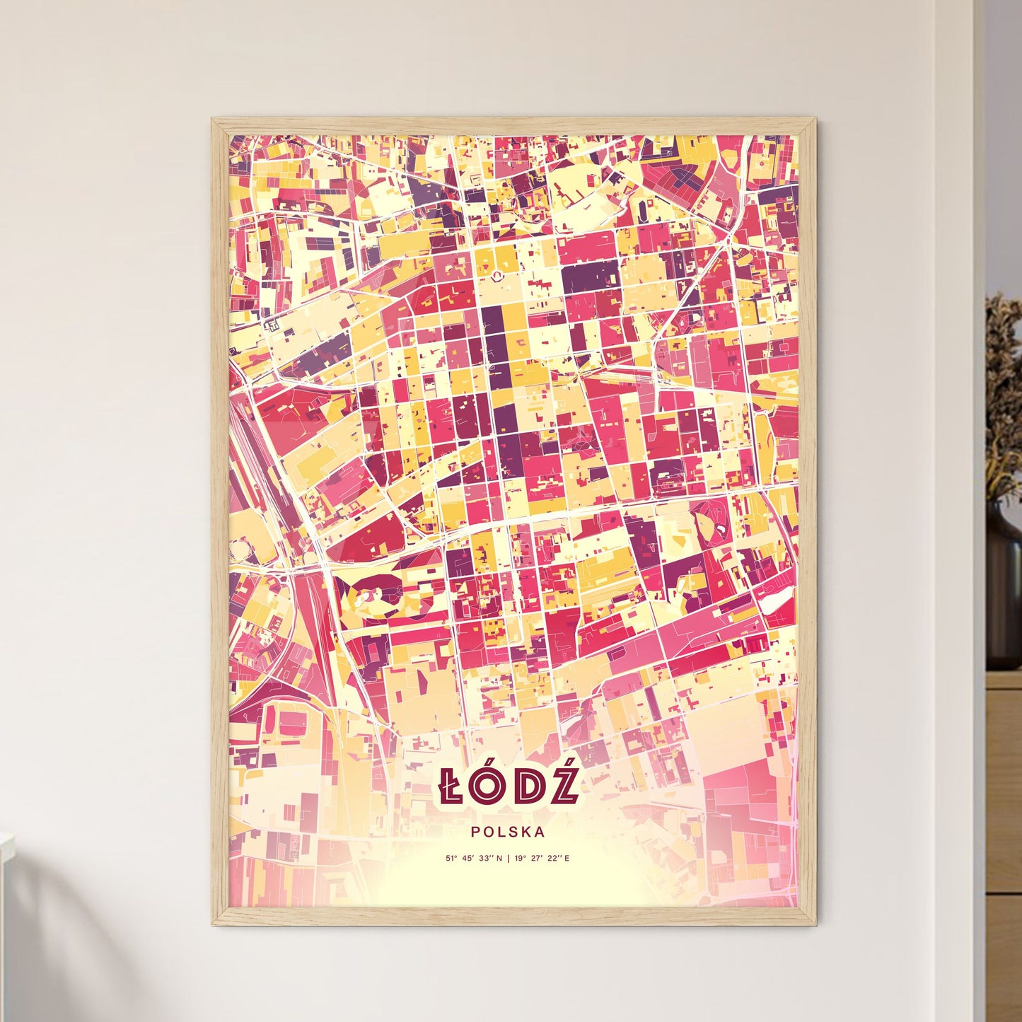 Colorful ŁÓDŹ POLAND Fine Art Map Hot Red