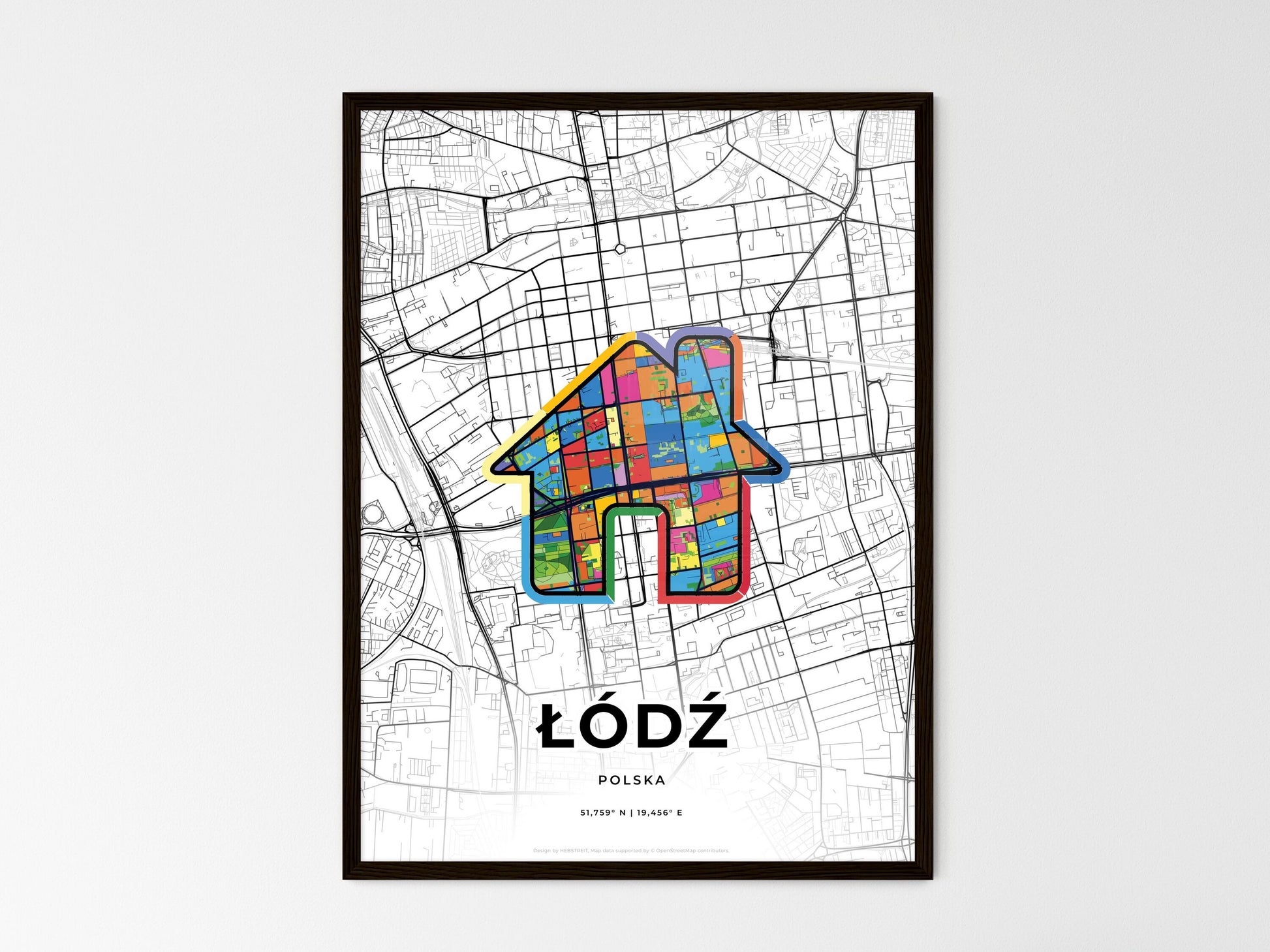 ŁÓDŹ POLAND minimal art map with a colorful icon. Where it all began, Couple map gift. Style 3
