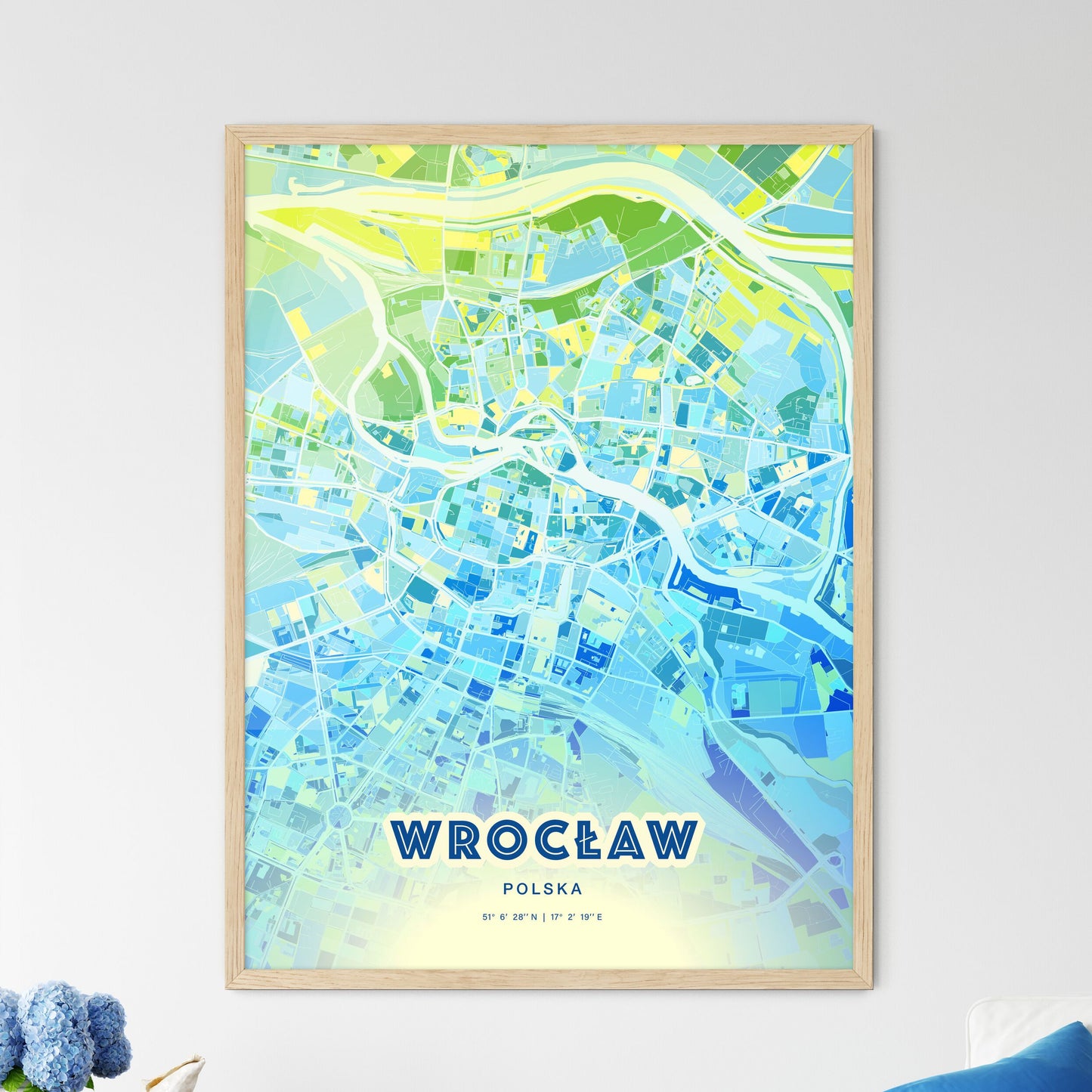 Colorful WROCŁAW POLAND Fine Art Map Cool Blue