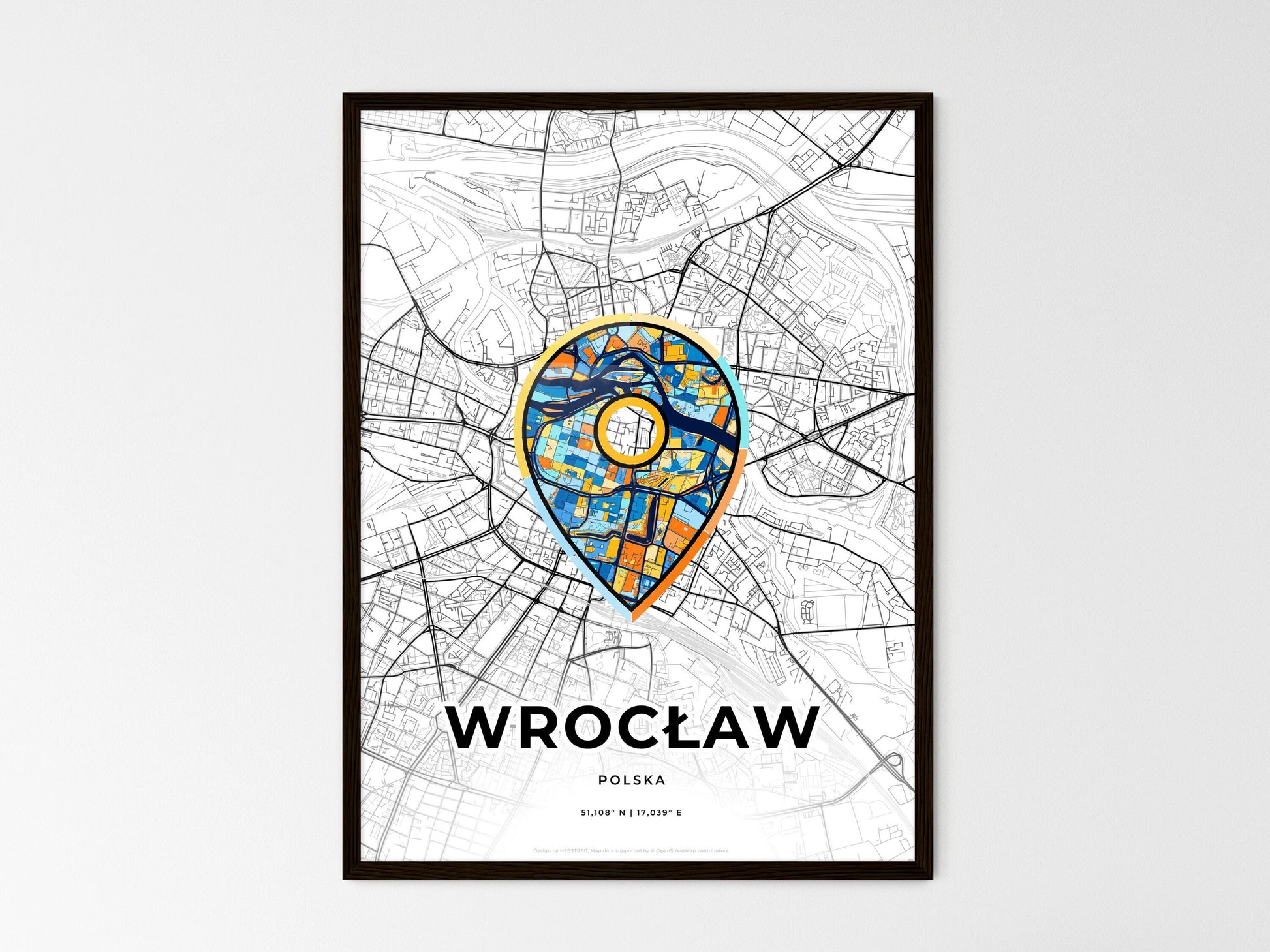 Wrocław Poland wedding art map with pointer icon