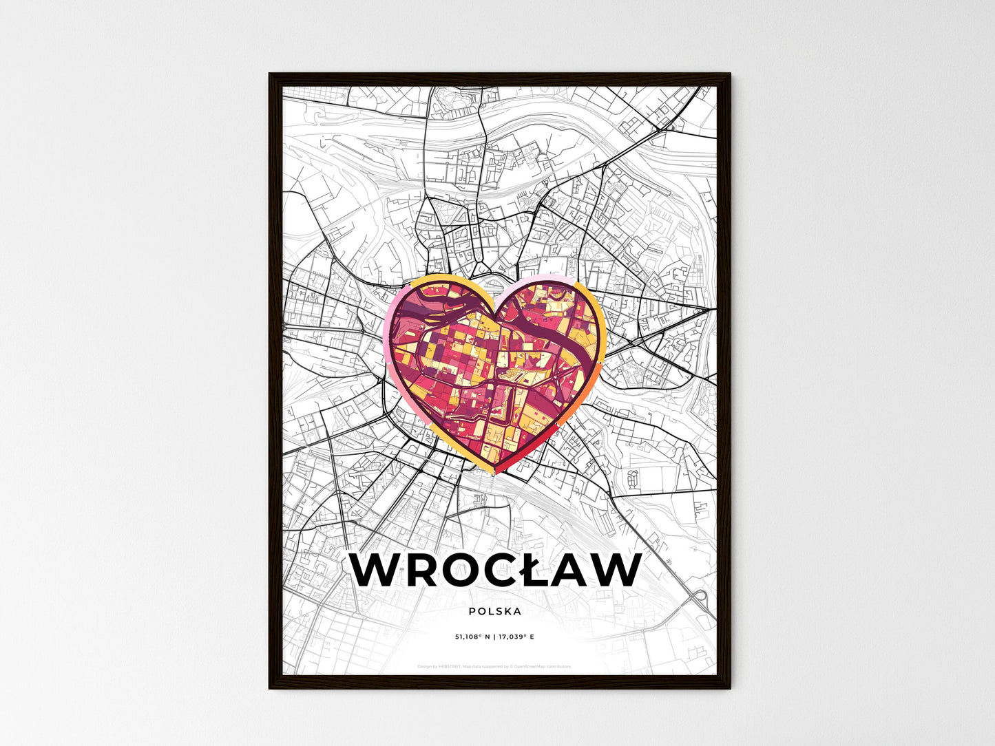 Wrocław Poland wedding art map with heart icon