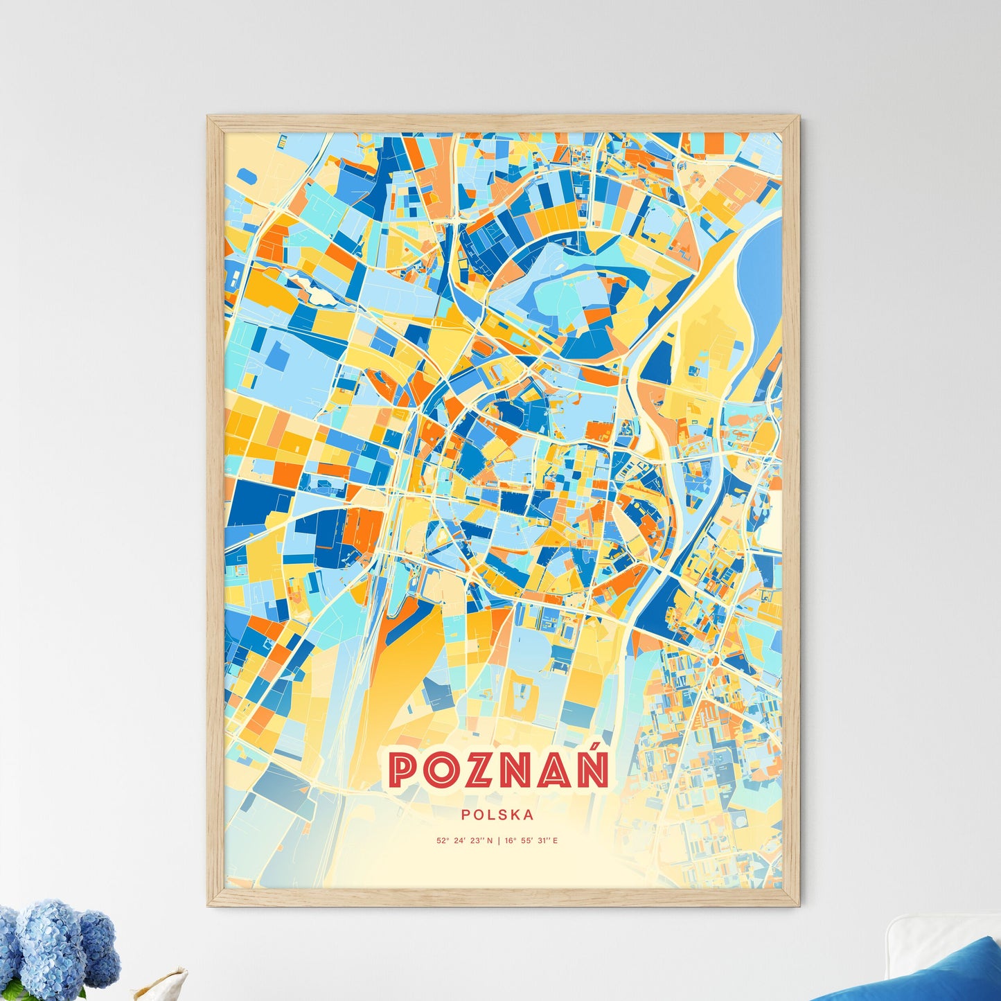Colorful Poznań Poland Fine Art Map Blue Orange