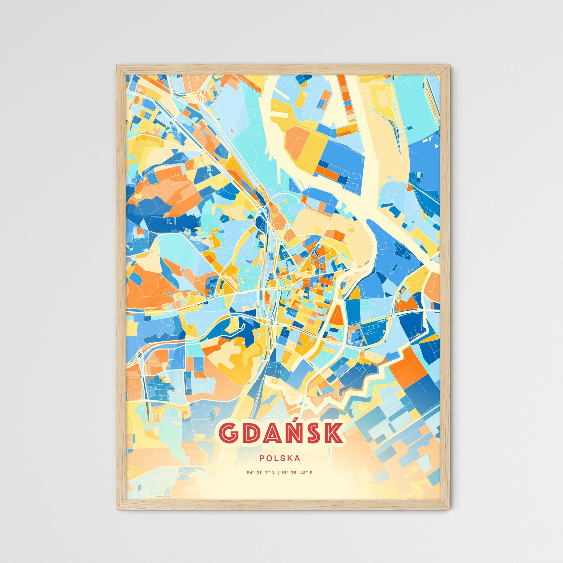 Colorful GDAŃSK POLAND Fine Art Map Blue Orange