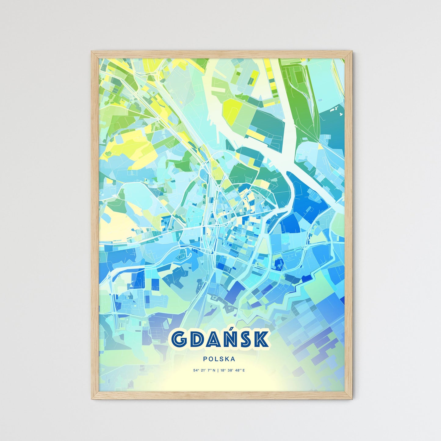 Colorful GDAŃSK POLAND Fine Art Map Cool Blue