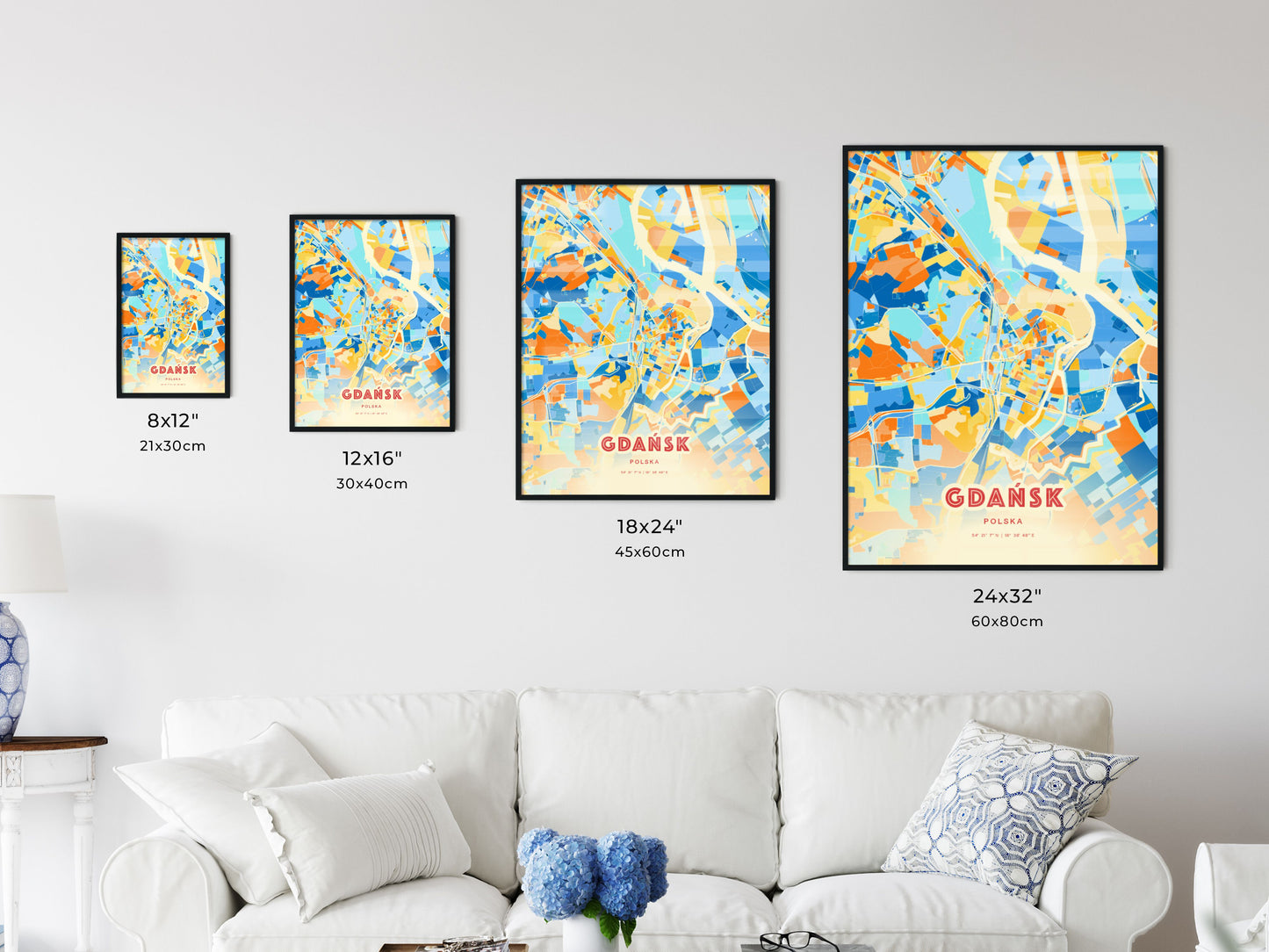 Colorful GDAŃSK POLAND Fine Art Map Blue Orange