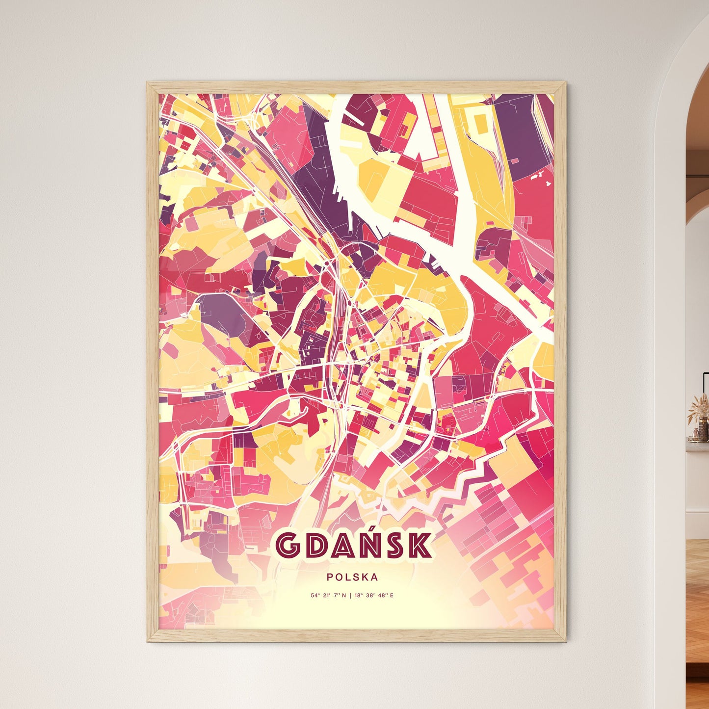 Colorful GDAŃSK POLAND Fine Art Map Hot Red