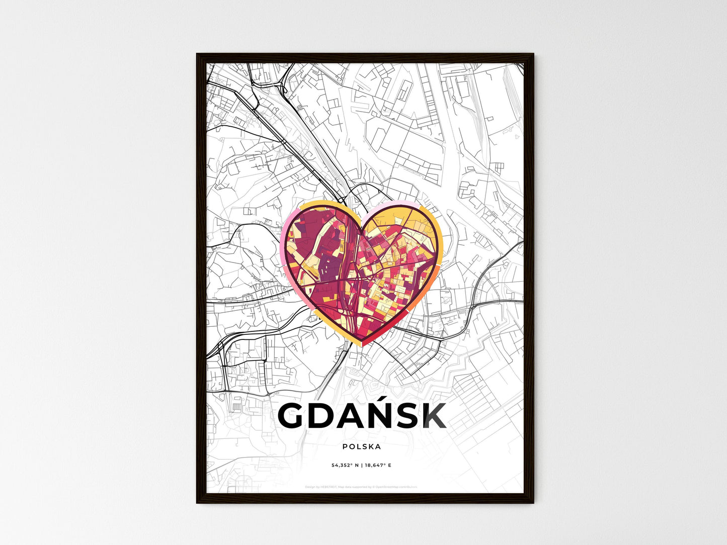 Gdańsk Poland wedding art map with heart icon